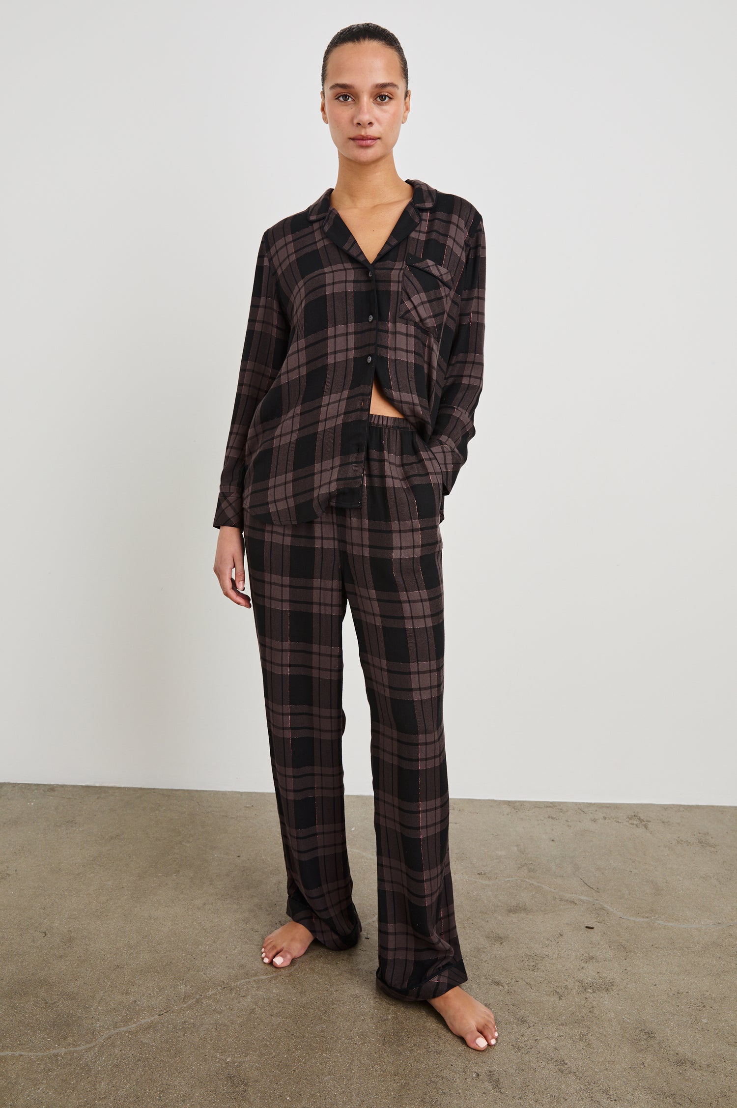 Luna Long Sleeve Button Down And Pants with Lurex Detailing In Colorway Bronze Mauve Pitch - Full Front Body VIew Featured On Model