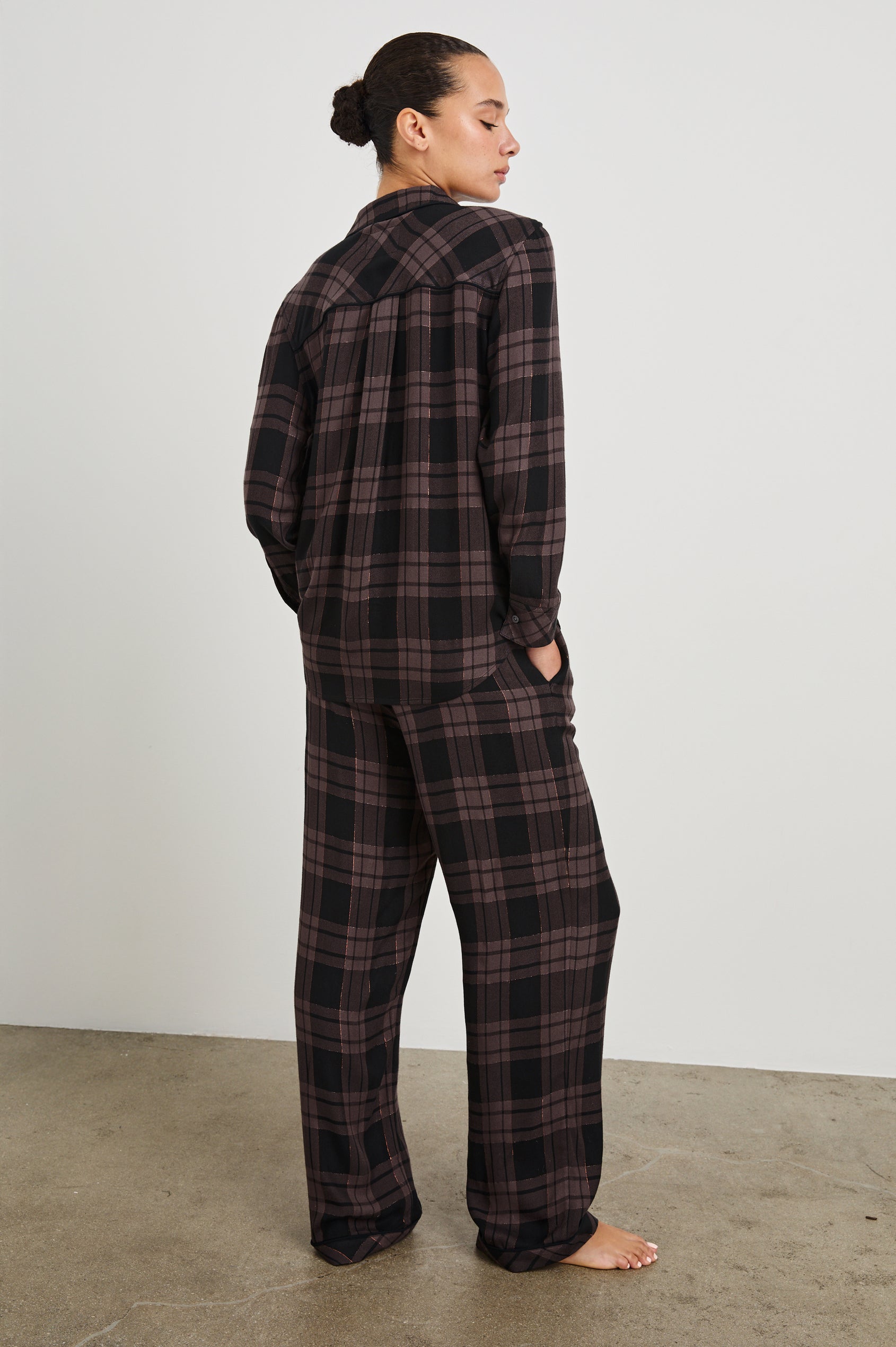 Luna Long Sleeve Button Down And Pants with Lurex Detailing In Colorway Bronze Mauve Pitch - Back View Featured On Model