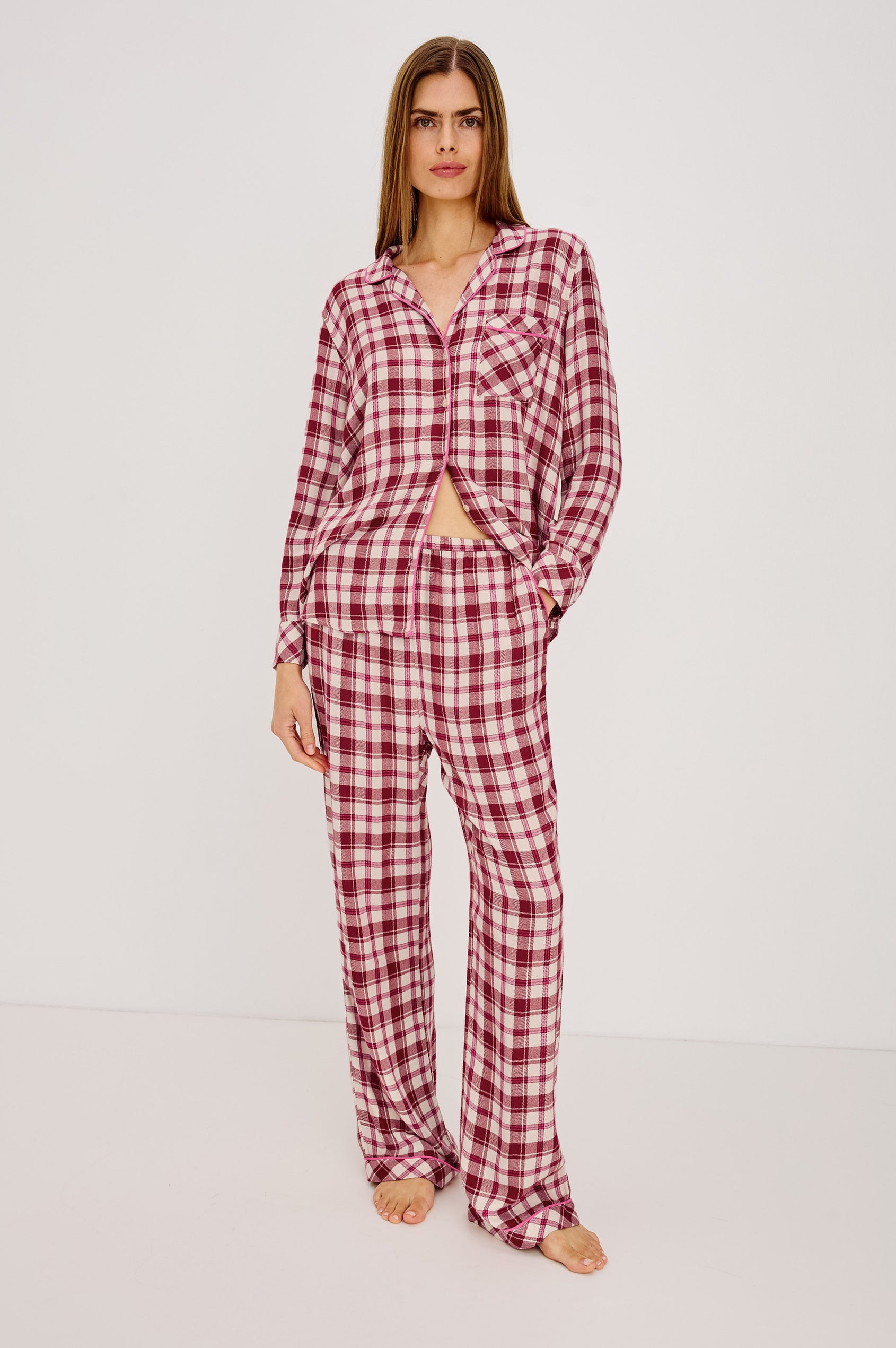 Luna Pajama Set in Signature Rayon With Button-Up Shirt, Matching Pants, and Relaxed Fit in Cardinal Rose Colorway - Full Body Front View Featured on Model