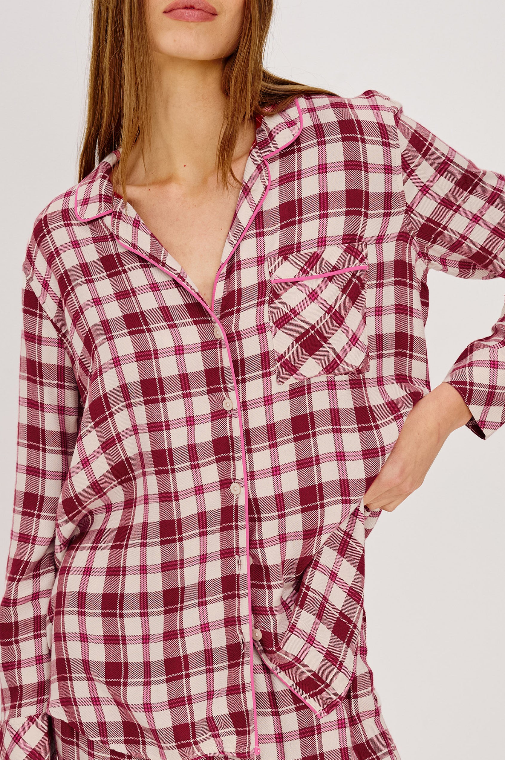 Luna Pajama Set in Signature Rayon With Button-Up Shirt, Matching Pants, and Relaxed Fit in Cardinal Rose Colorway - Upper Body Front View Featured on Model