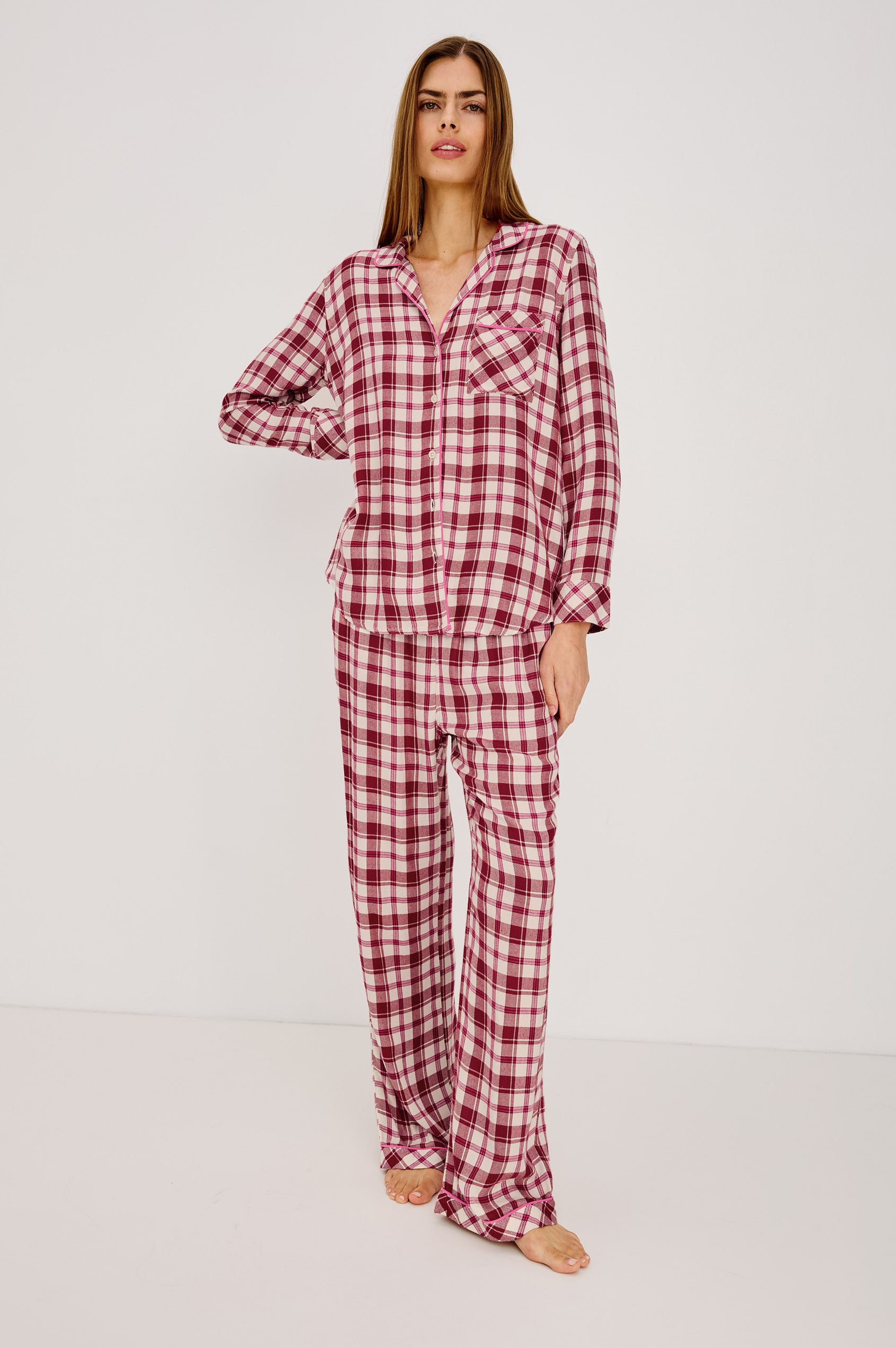 Luna Pajama Set in Signature Rayon With Button-Up Shirt, Matching Pants, and Relaxed Fit in Cardinal Rose Colorway - Full Body Front View Featured on Model