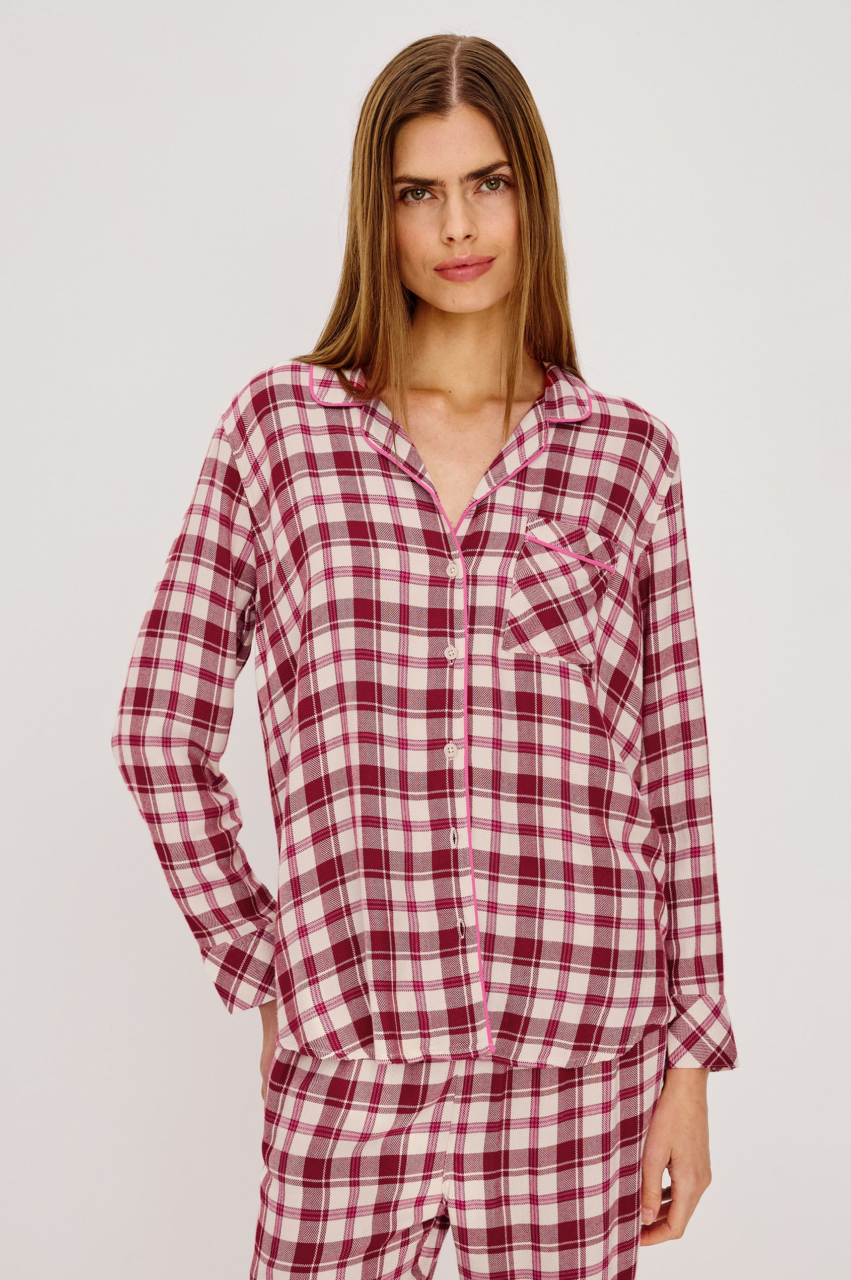 Luna Pajama Set in Signature Rayon With Button-Up Shirt, Matching Pants, and Relaxed Fit in Cardinal Rose Colorway - Upper Body Front View Featured on Model