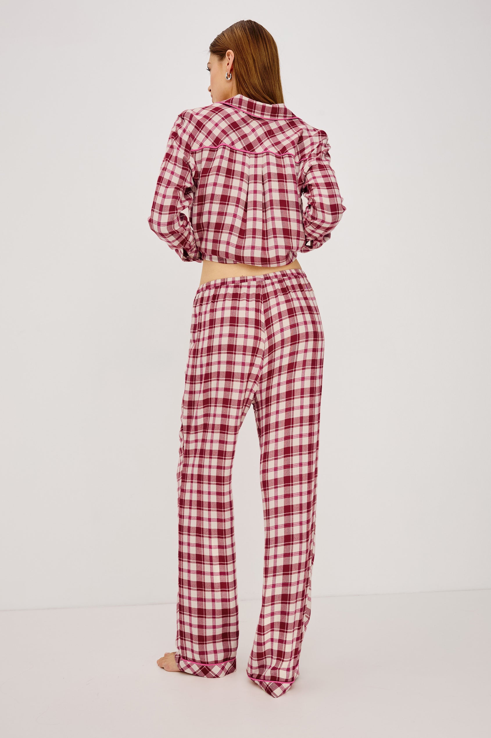 Luna Pajama Set in Signature Rayon With Button-Up Shirt, Matching Pants, and Relaxed Fit in Cardinal Rose Colorway - Full Body Back View Featured on Model