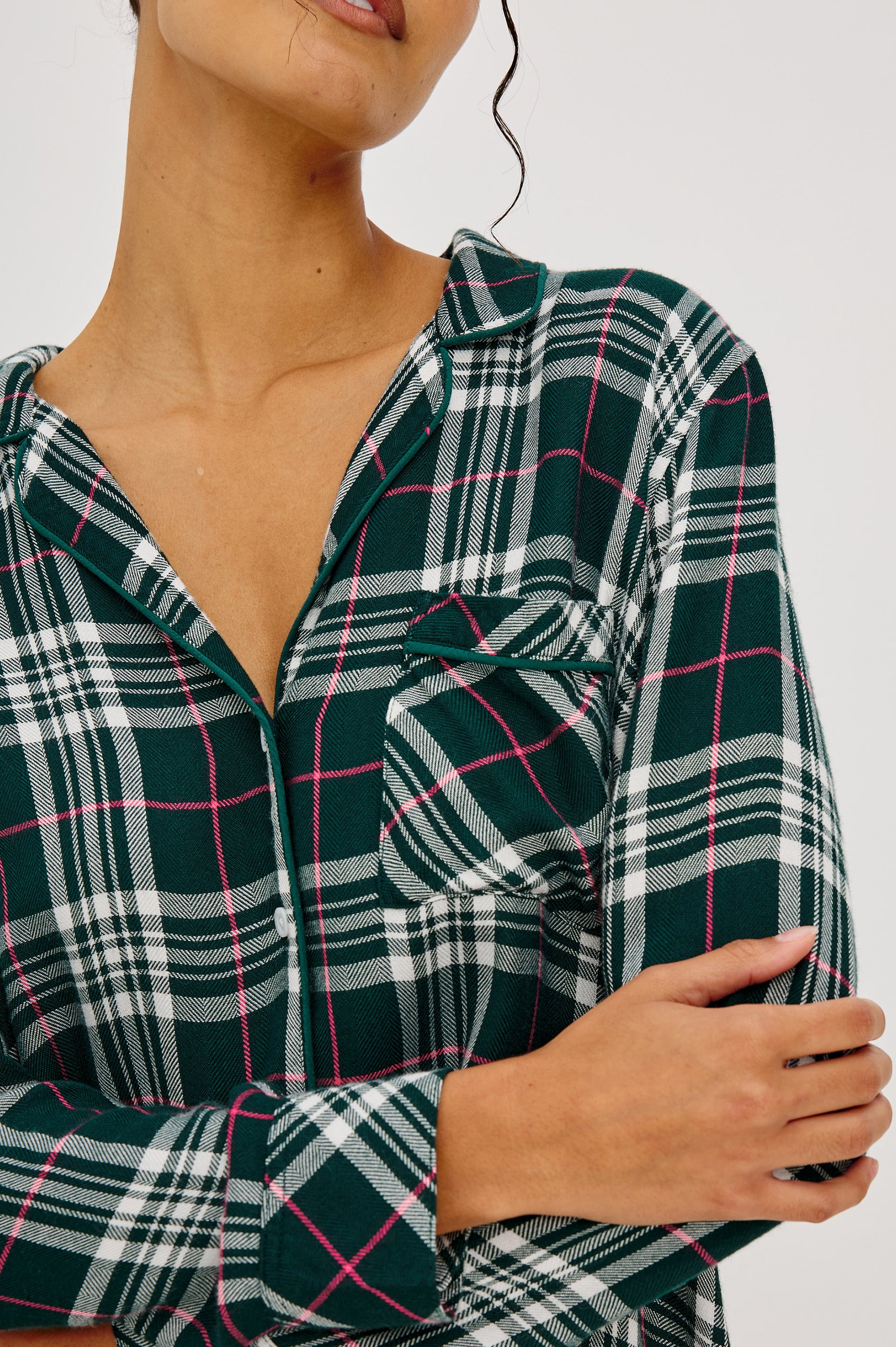 Luna Pajama Set in Signature Rayon With Button-Up Shirt, Matching Pants, and Relaxed Fit in Evergreen Fuschia Colorway - Upper Body Front View Featured on Model