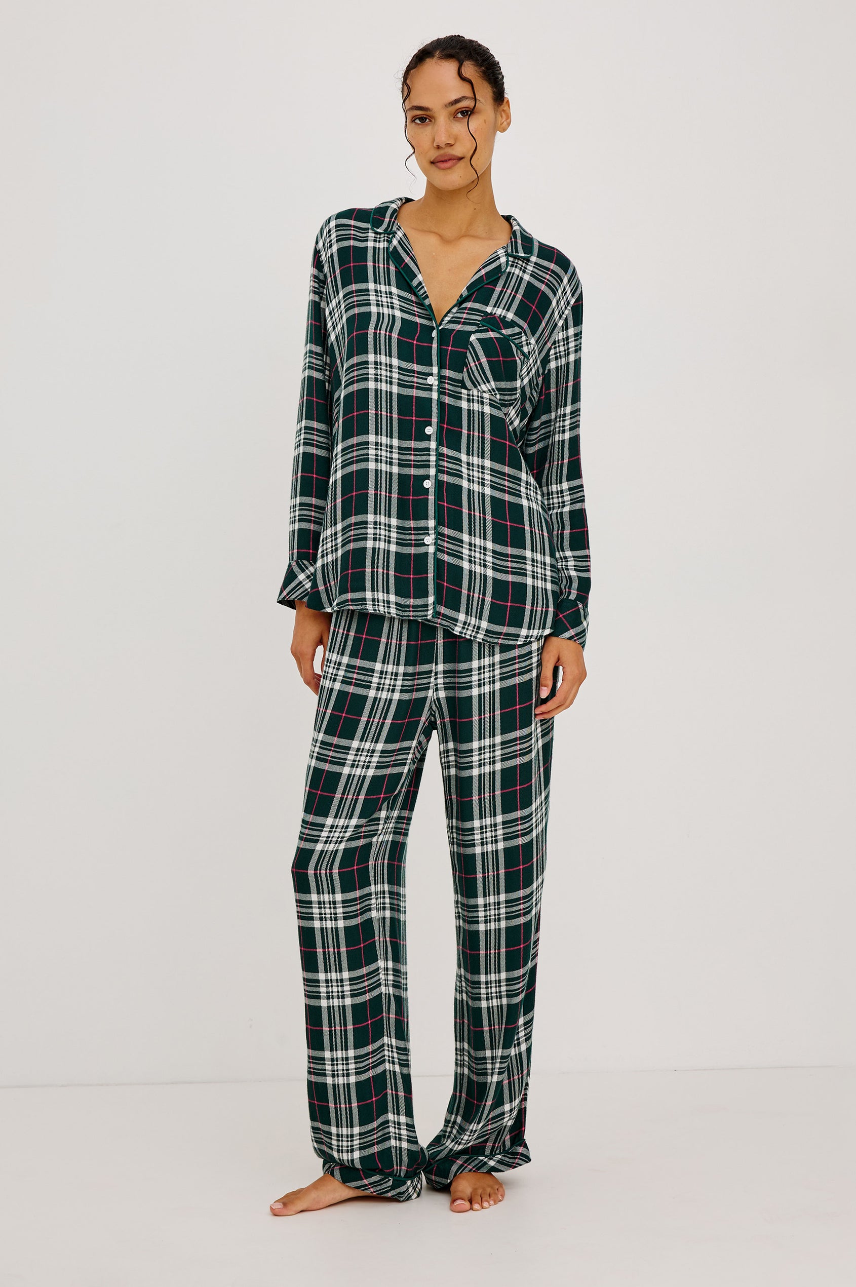 Luna Pajama Set in Signature Rayon With Button-Up Shirt, Matching Pants, and Relaxed Fit in Evergreen Fuschia Colorway - Full Body Front View Featured on Model