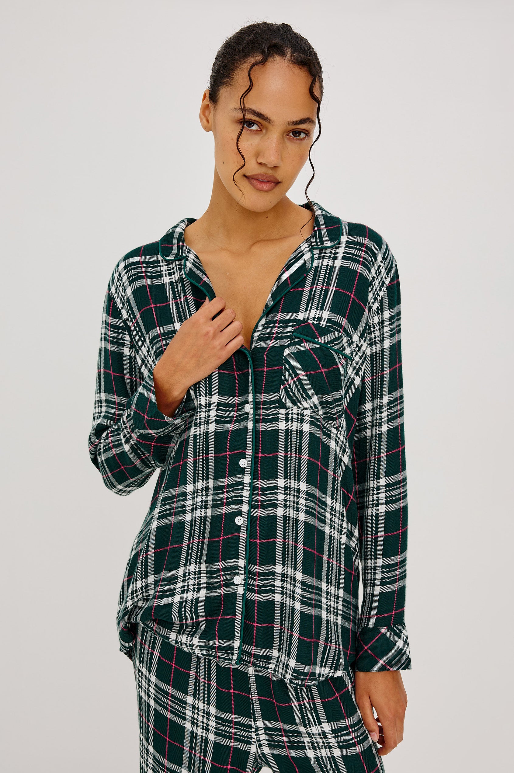 Luna Pajama Set in Signature Rayon With Button-Up Shirt, Matching Pants, and Relaxed Fit in Evergreen Fuschia Colorway - Upper Body Front View Featured on Model