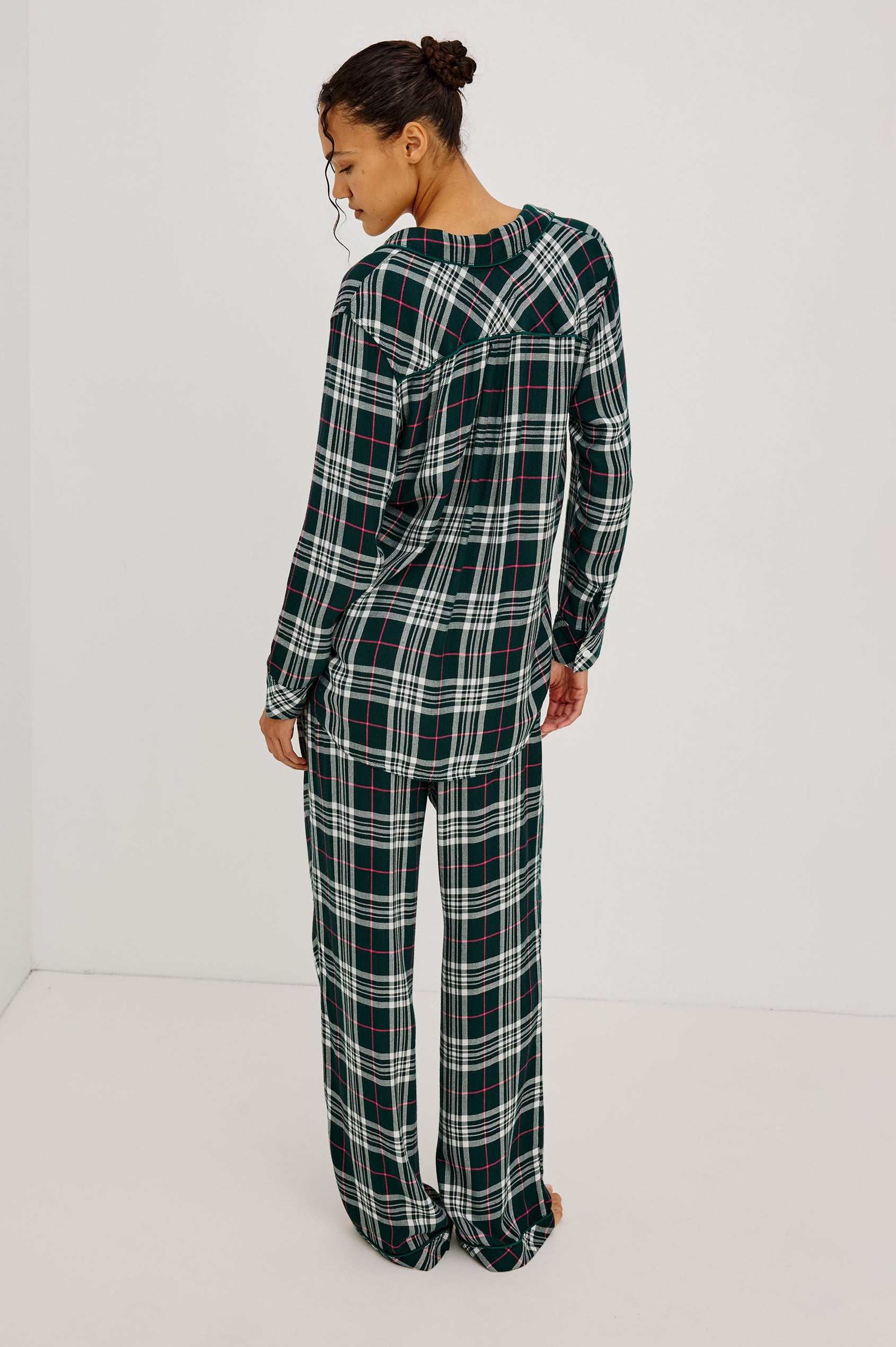Luna Pajama Set in Signature Rayon With Button-Up Shirt, Matching Pants, and Relaxed Fit in Evergreen Fuschia Colorway - Full Body Back View Featured on Model