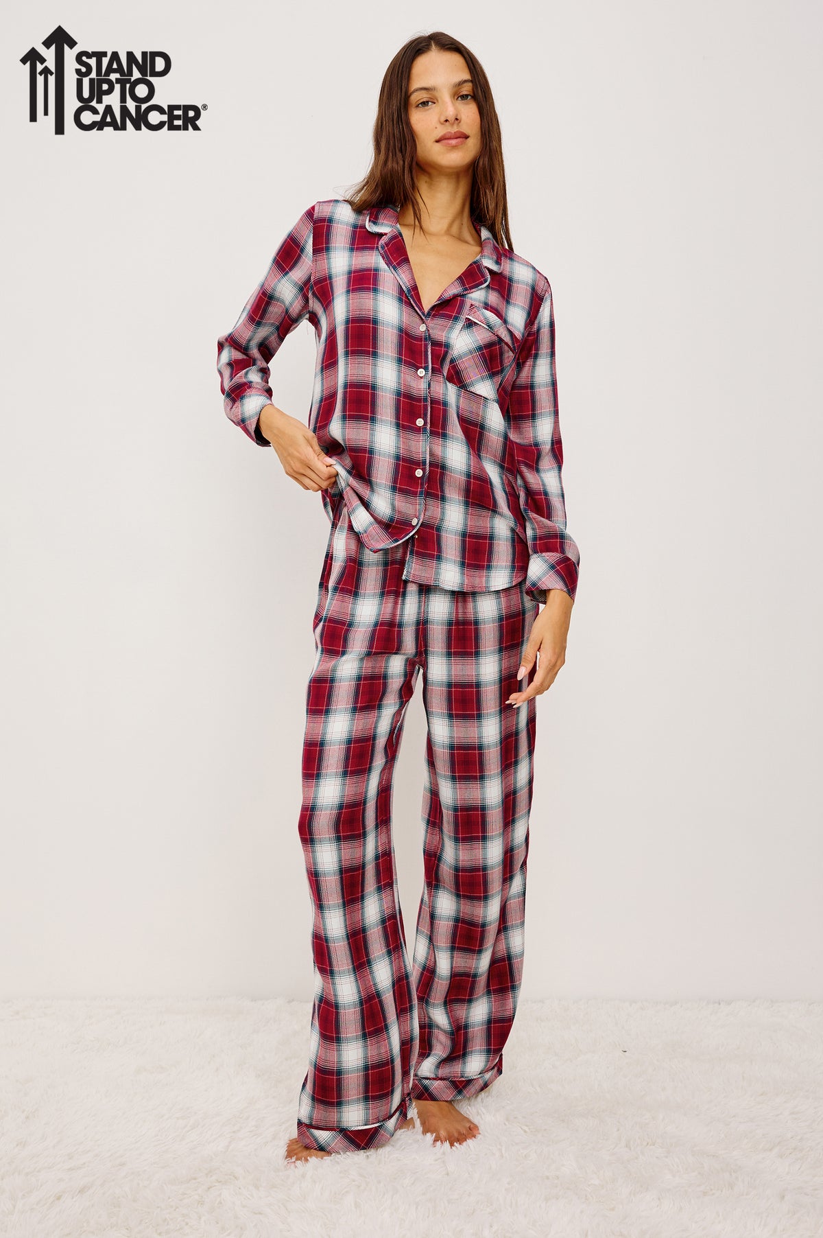 Luna Pajama Set in Signature Rayon With Button-Up Collared Shirt With Front Buttons, Long Sleeves, Chest Patch Pocket and Matching Pant With Side Pockets and Drawstring Waist Ties in Indigo Berry Colorway - Full Body Front View Featured on Model with Stand Up To Cancer Logo on Image Top Left