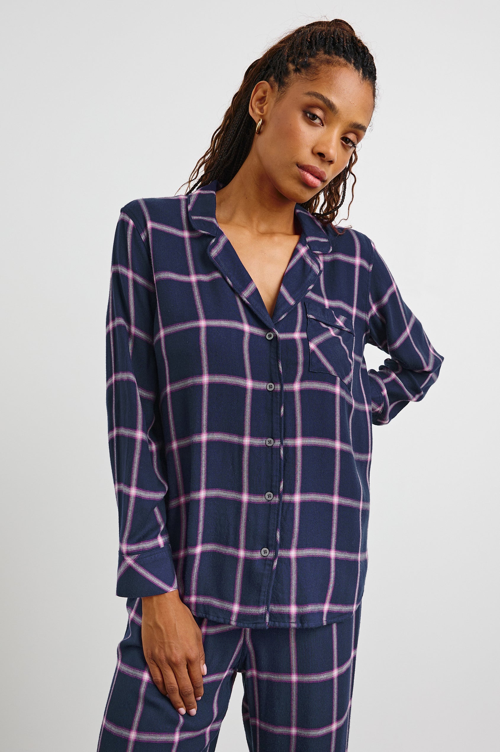 Luna Pajama Set with a Long Sleeve, Button Up, V Neck Top with a Chest Patch Pocket and Pants with Two Front Pockets in Sapphire Magenta Colorway, a plaid - Front View Featured on Model  