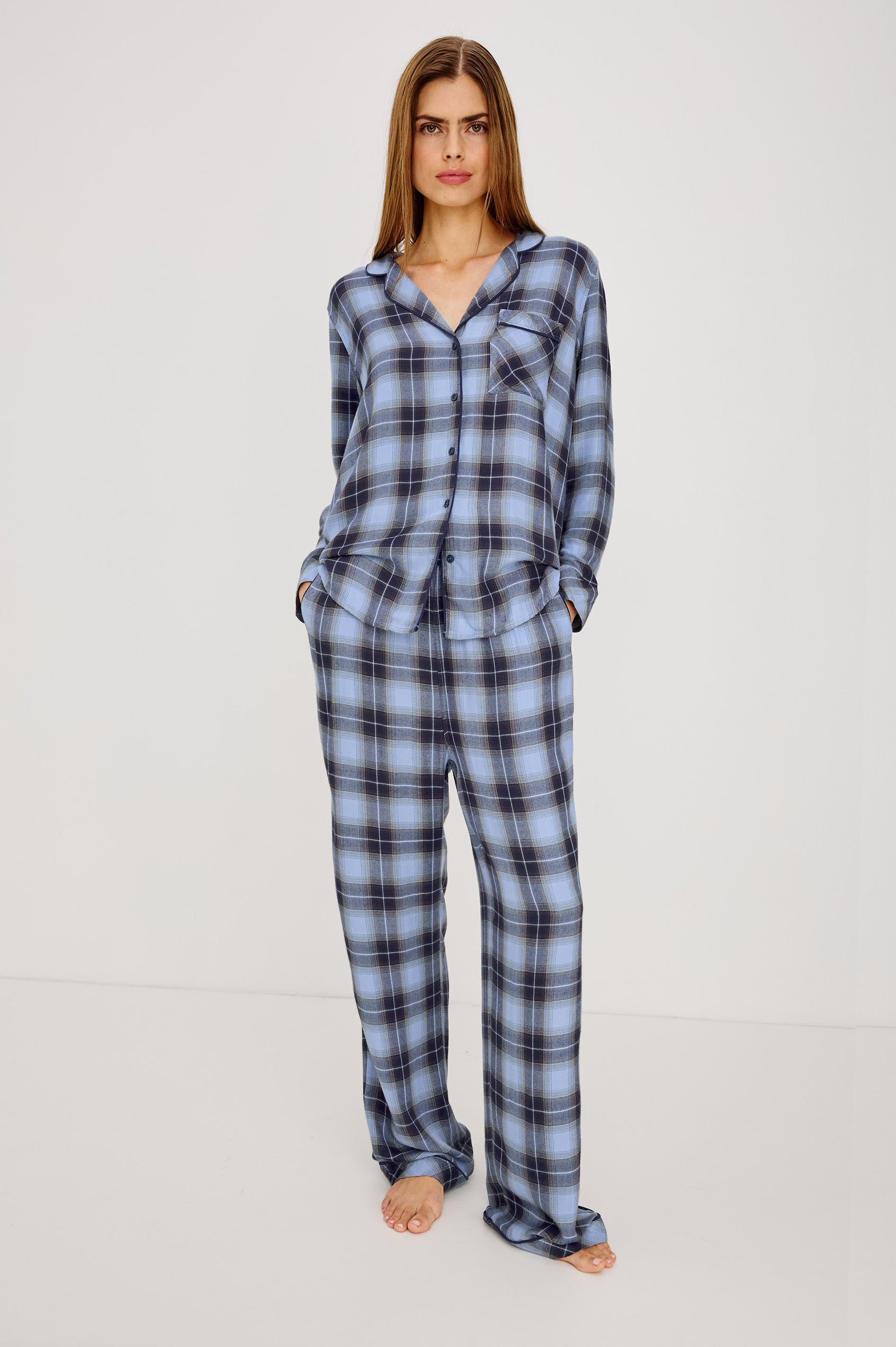 Luna Pajama Set in Signature Rayon With Piping, Button-Up Shirt, Matching Pants, and Relaxed Fit in Navy Sky Colorway - Full Body Front View Featured on Model