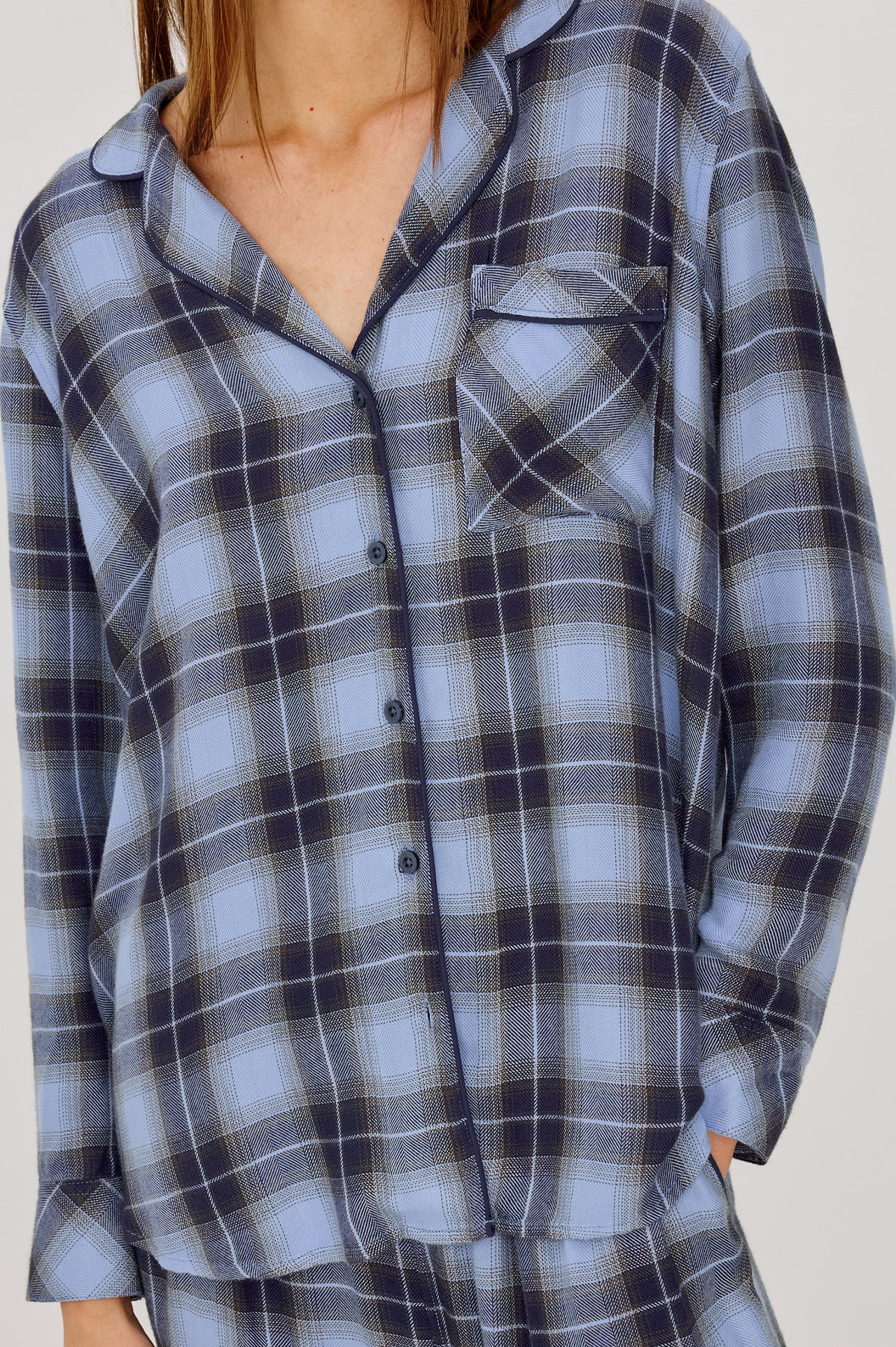 Luna Pajama Set in Signature Rayon With Piping, Button-Up Shirt, Matching Pants, and Relaxed Fit in Navy Sky Colorway - Upper Body Front View Featured on Model