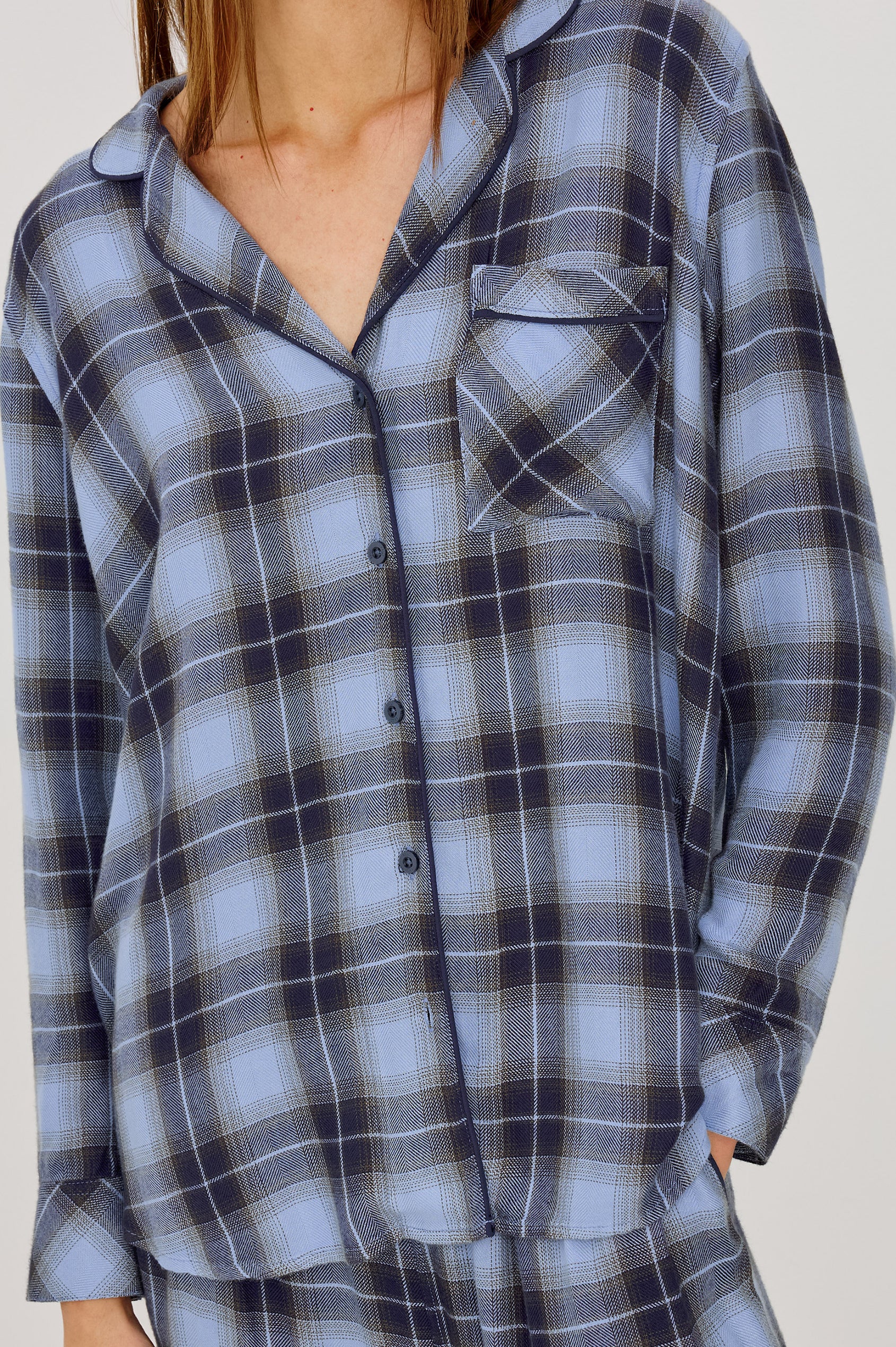 Luna Pajama Set in Signature Rayon With Piping, Button-Up Shirt, Matching Pants, and Relaxed Fit in Navy Sky Colorway - Upper Body Front View Featured on Model