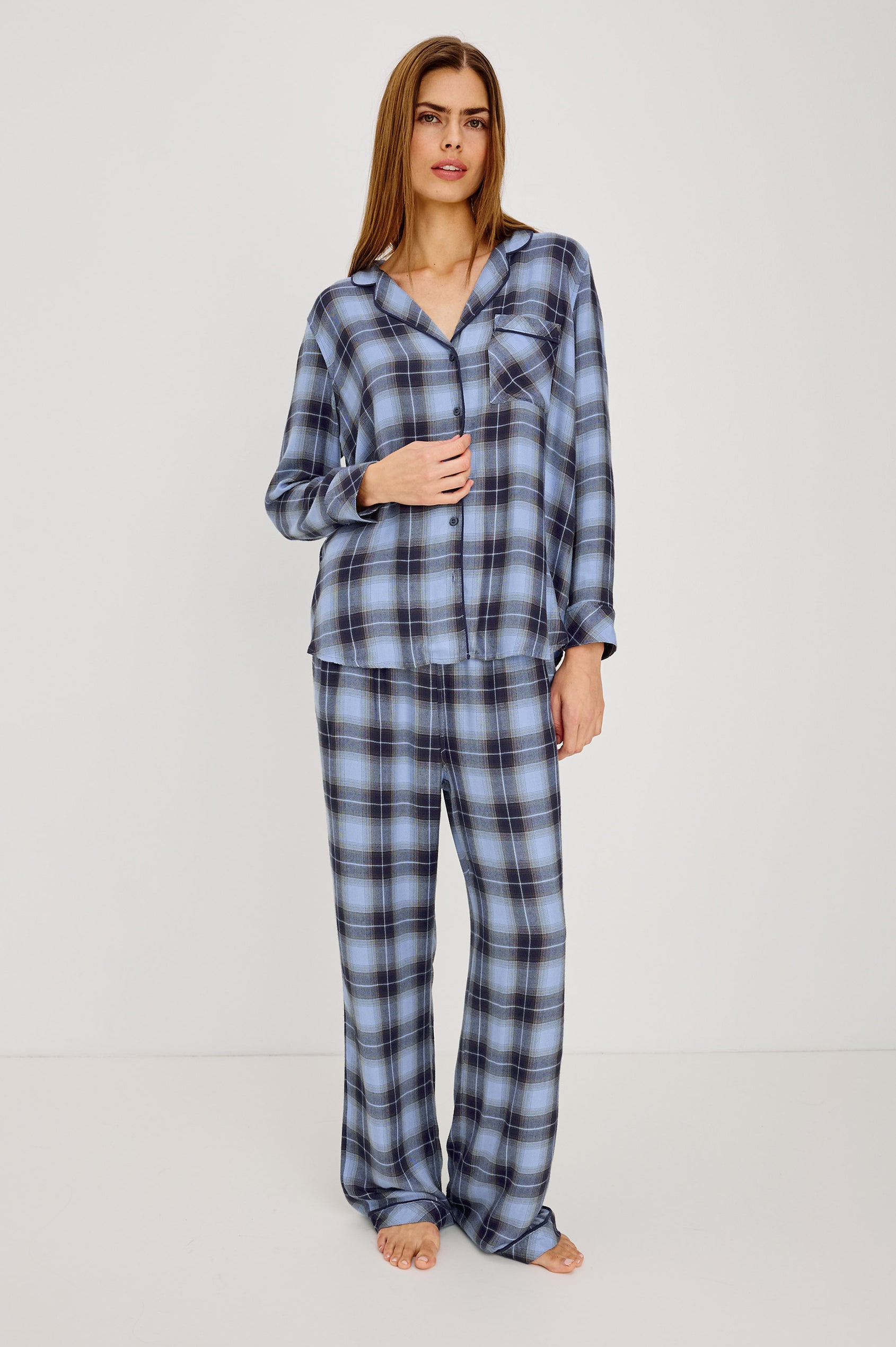 Luna Pajama Set in Signature Rayon With Piping, Button-Up Shirt, Matching Pants, and Relaxed Fit in Navy Sky Colorway - Full Body Front View Featured on Model