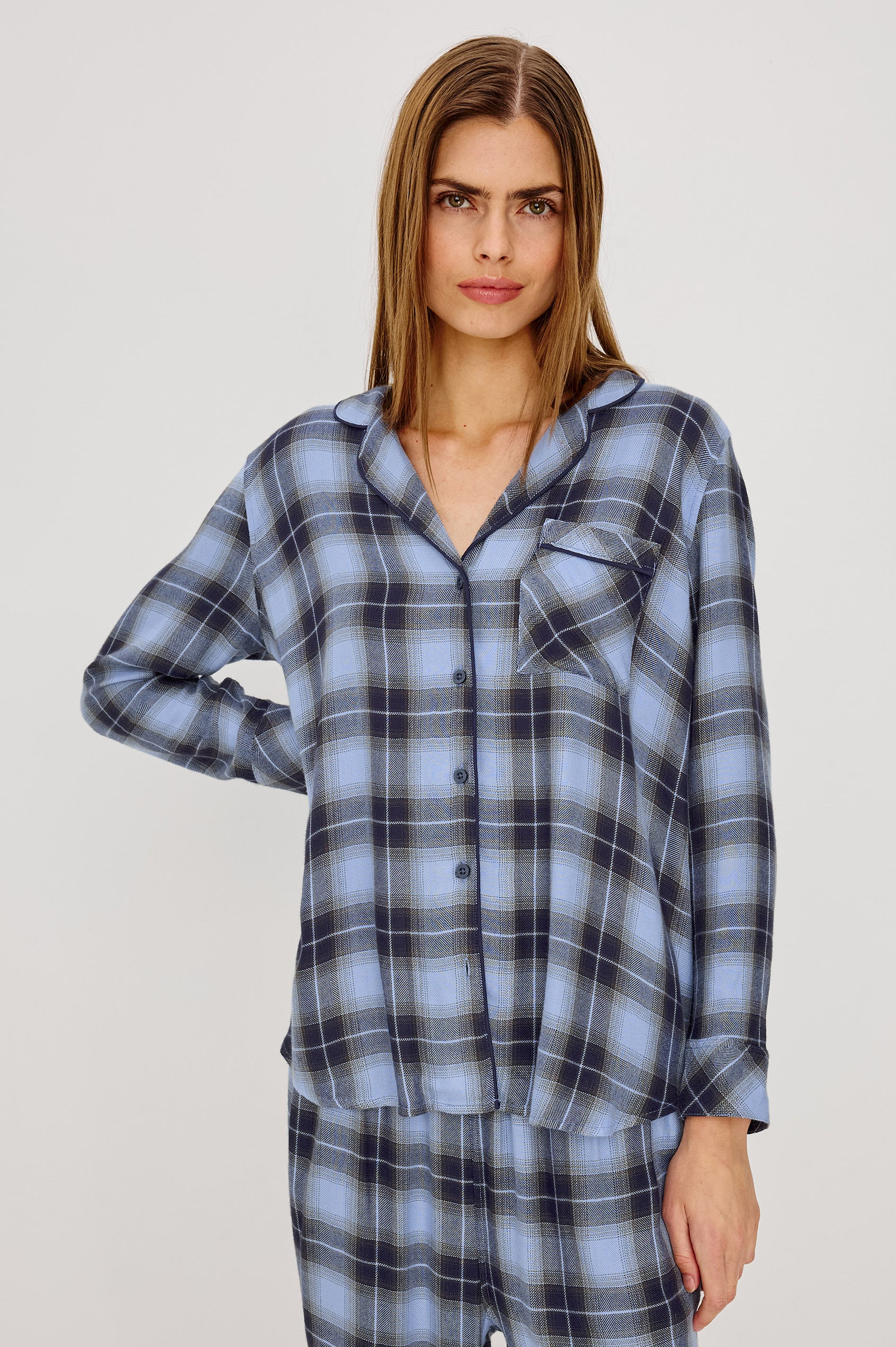 Luna Pajama Set in Signature Rayon With Piping, Button-Up Shirt, Matching Pants, and Relaxed Fit in Navy Sky Colorway - Upper Body Front View Featured on Model