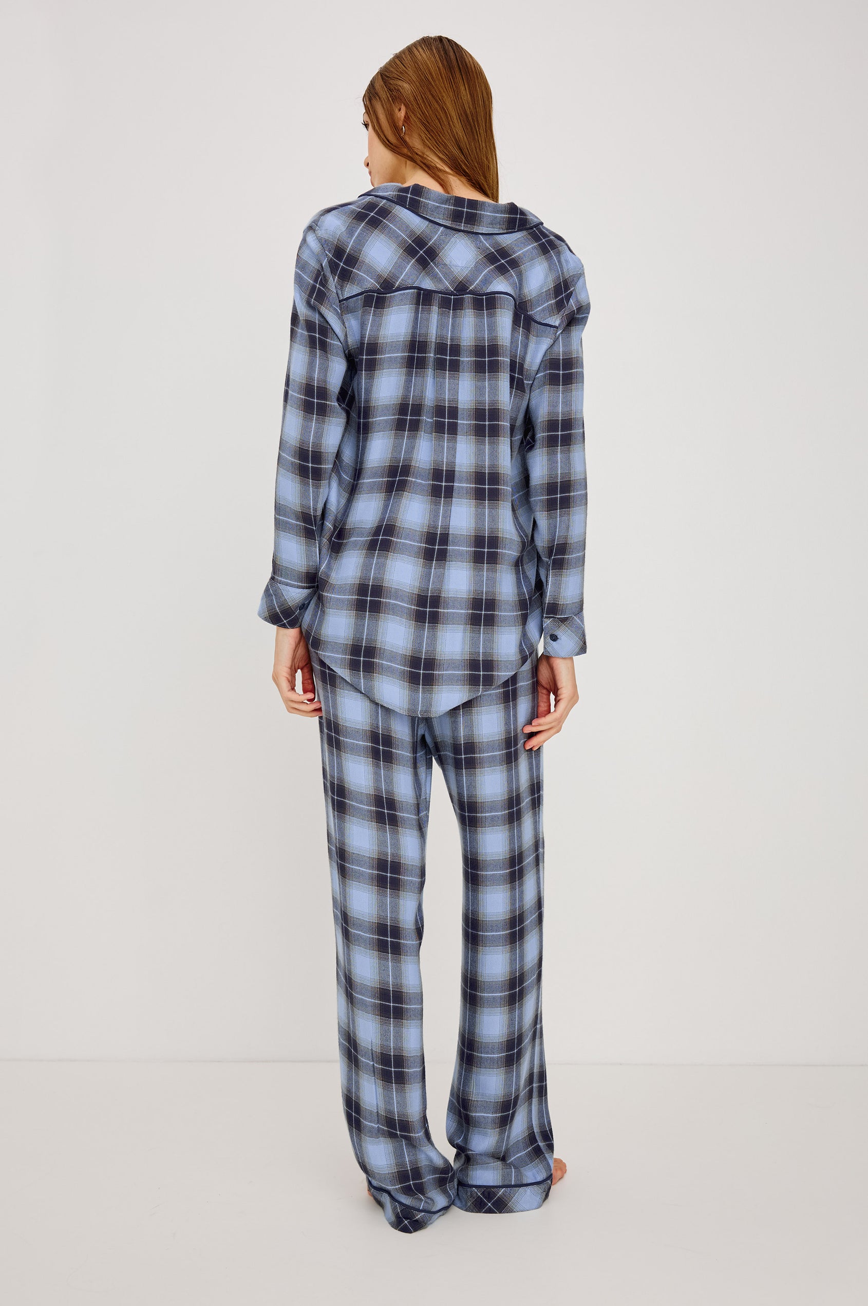 Luna Pajama Set in Signature Rayon With Piping, Button-Up Shirt, Matching Pants, and Relaxed Fit in Navy Sky Colorway - Full Body Back View Featured on Model