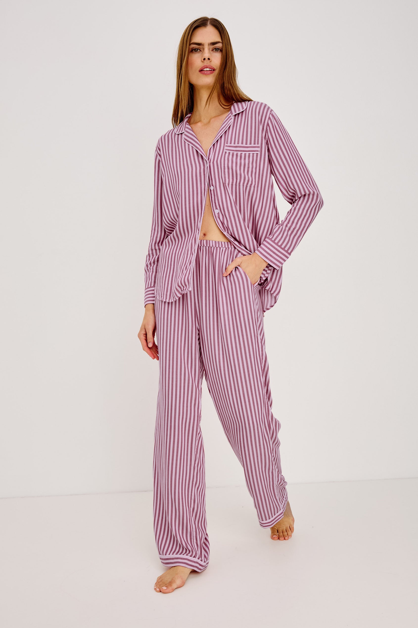 Luna Pajama Set in Signature Rayon With Button-Up Shirt, Matching Pants, and Relaxed Fit in Pink Blush Colorway - Full Body Front View Featured on Model