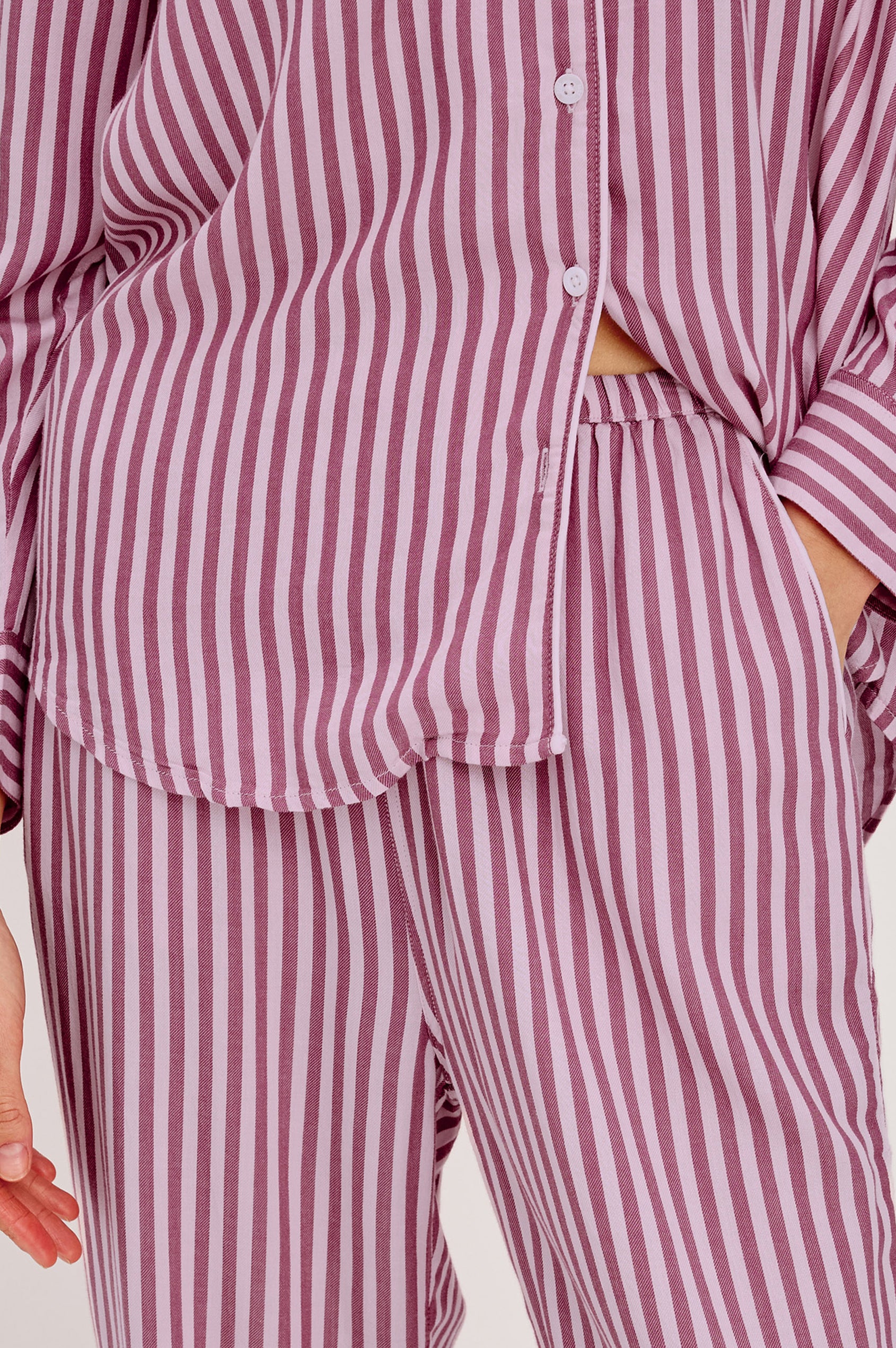 Luna Pajama Set in Signature Rayon With Button-Up Shirt, Matching Pants, and Relaxed Fit in Pink Blush Colorway - Lower Body Back View Featured on Model