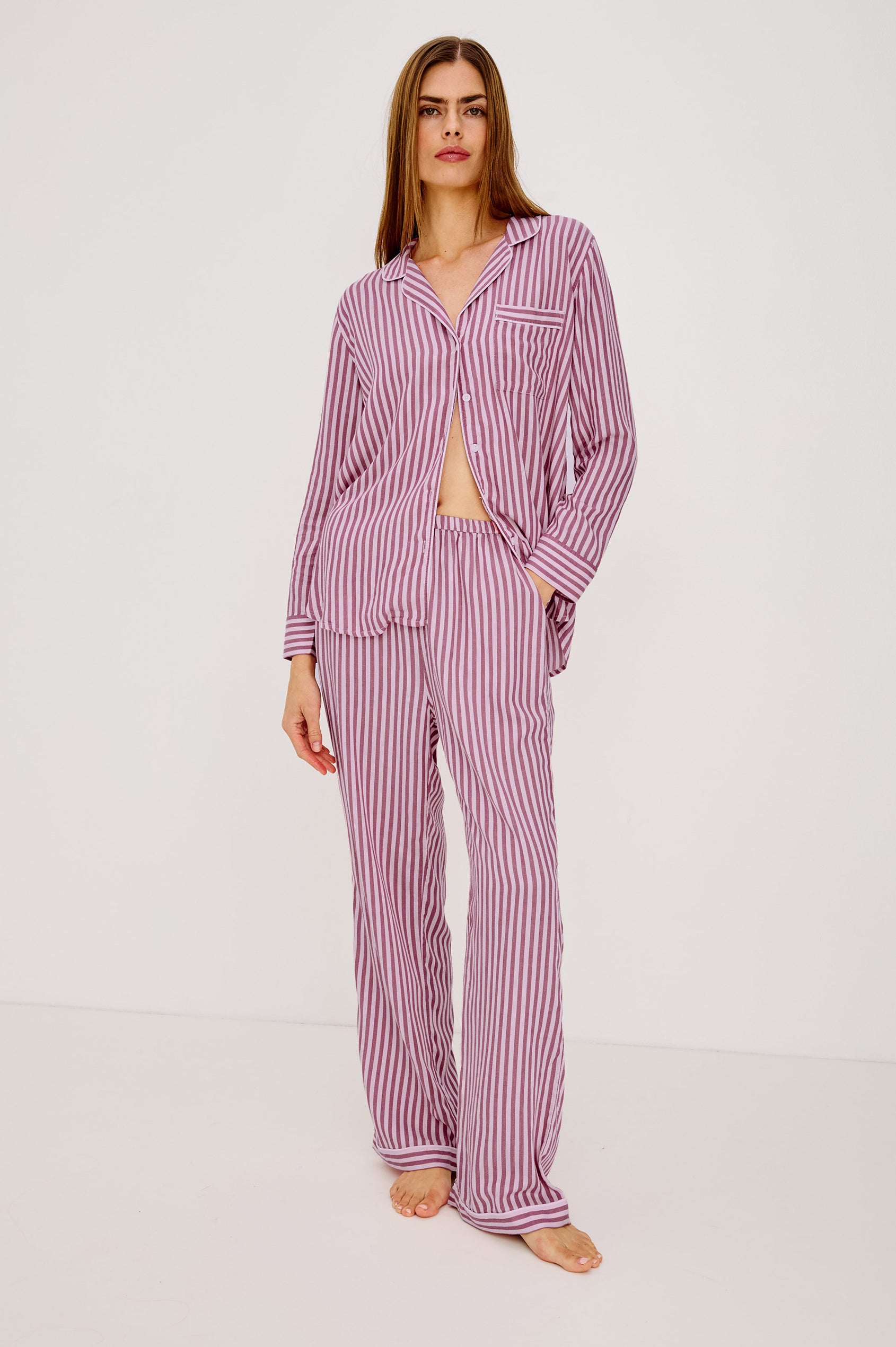 Luna Pajama Set in Signature Rayon With Button-Up Shirt, Matching Pants, and Relaxed Fit in Pink Blush Colorway - Full Body Front View Featured on Model