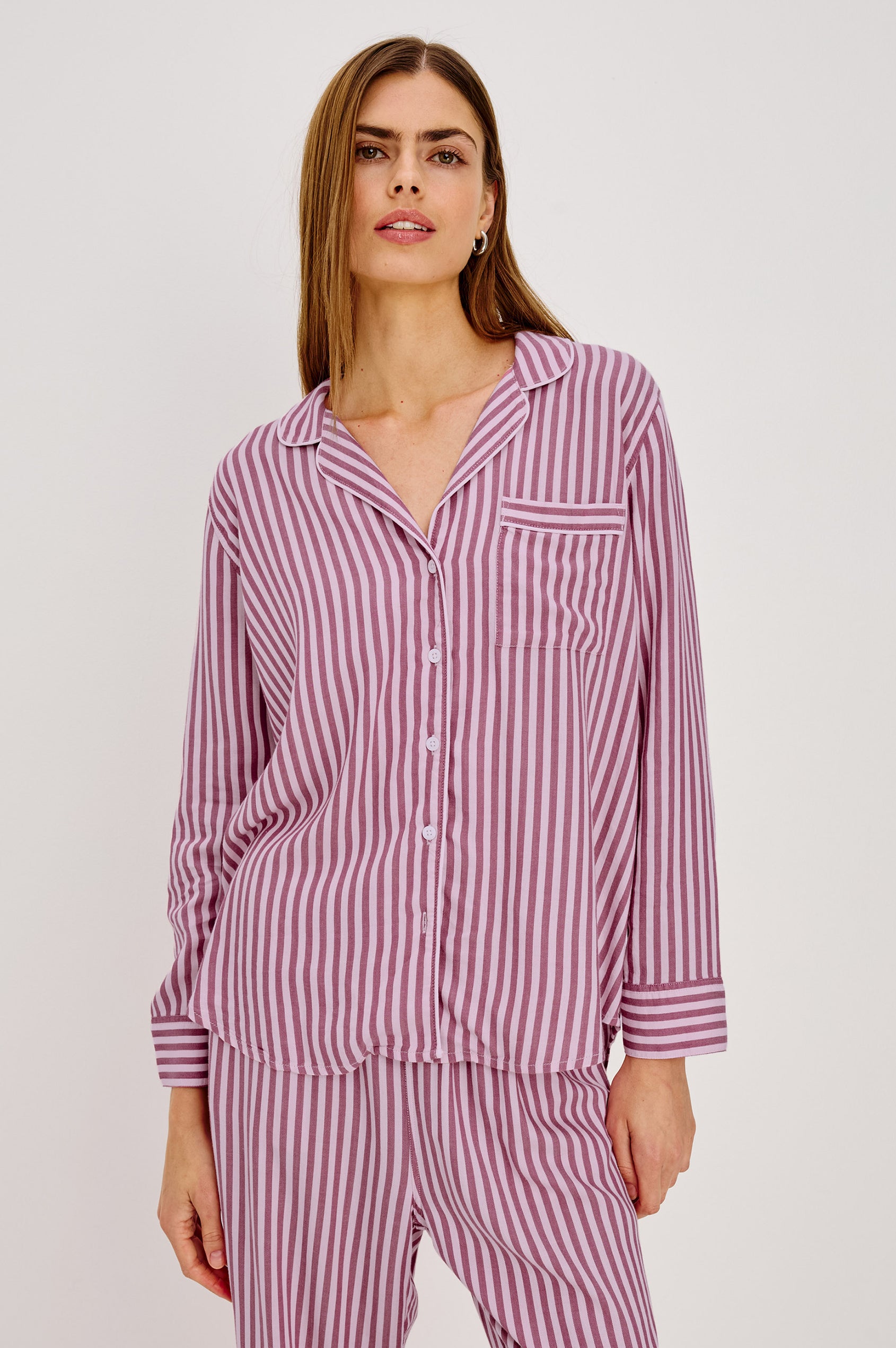 Luna Pajama Set in Signature Rayon With Button-Up Shirt, Matching Pants, and Relaxed Fit in Pink Blush Colorway - Upper Body Front View Featured on Model