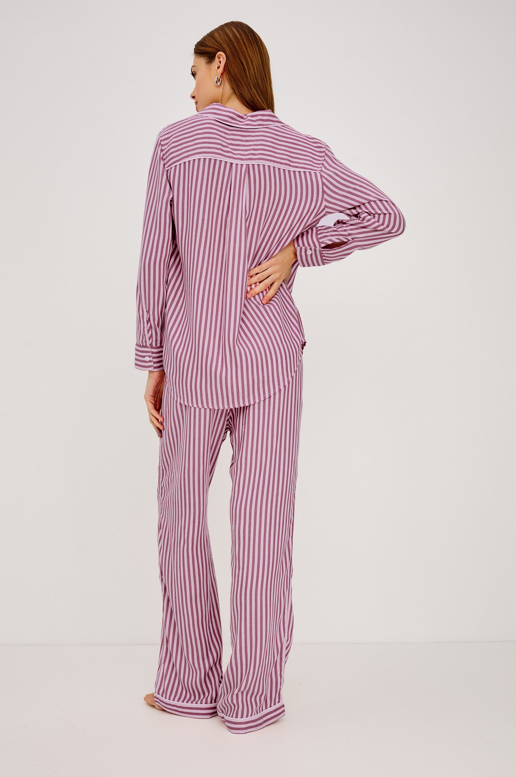 Luna Pajama Set in Signature Rayon With Button-Up Shirt, Matching Pants, and Relaxed Fit in Pink Blush Colorway - Full Body Back View Featured on Model