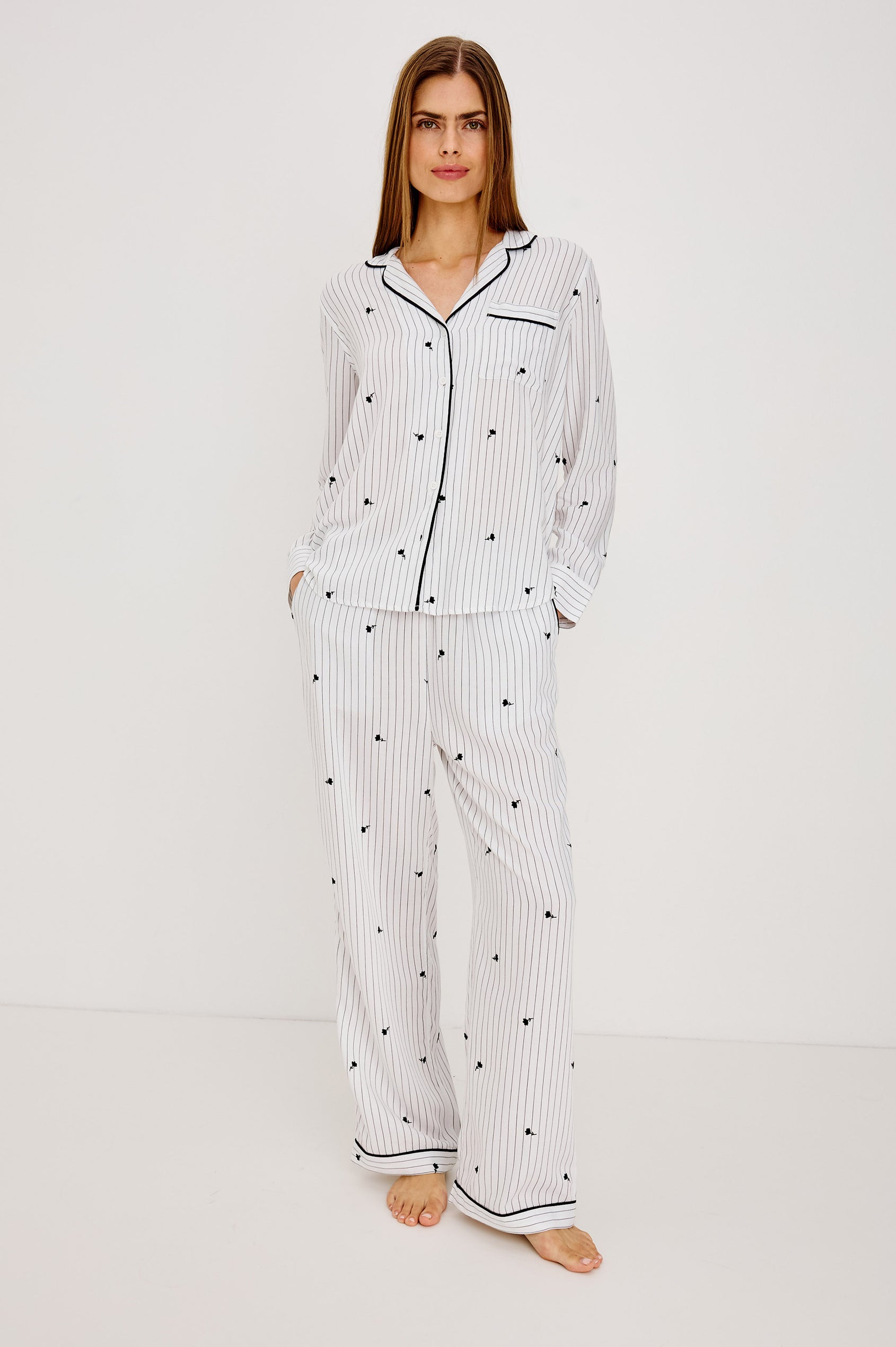 Luna Pajama Set in Signature Rayon With Button-Up Shirt, Matching Pants, and Relaxed Fit in Striped Onyx Floral Colorway - Full Body Front View Featured on Model