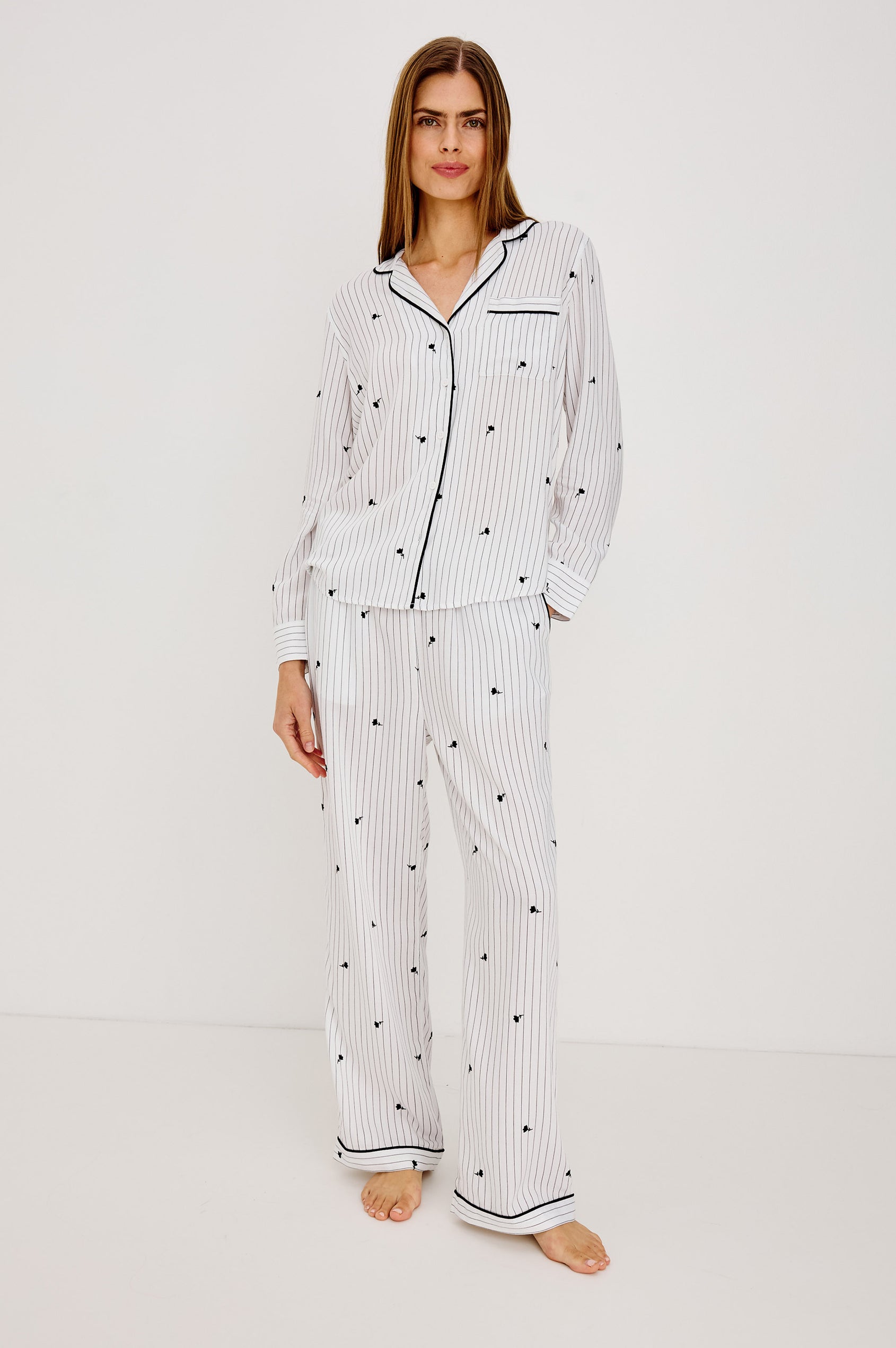 Luna Pajama Set in Signature Rayon With Button-Up Shirt, Matching Pants, and Relaxed Fit in Striped Onyx Floral Colorway - Full Body Front View Featured on Model