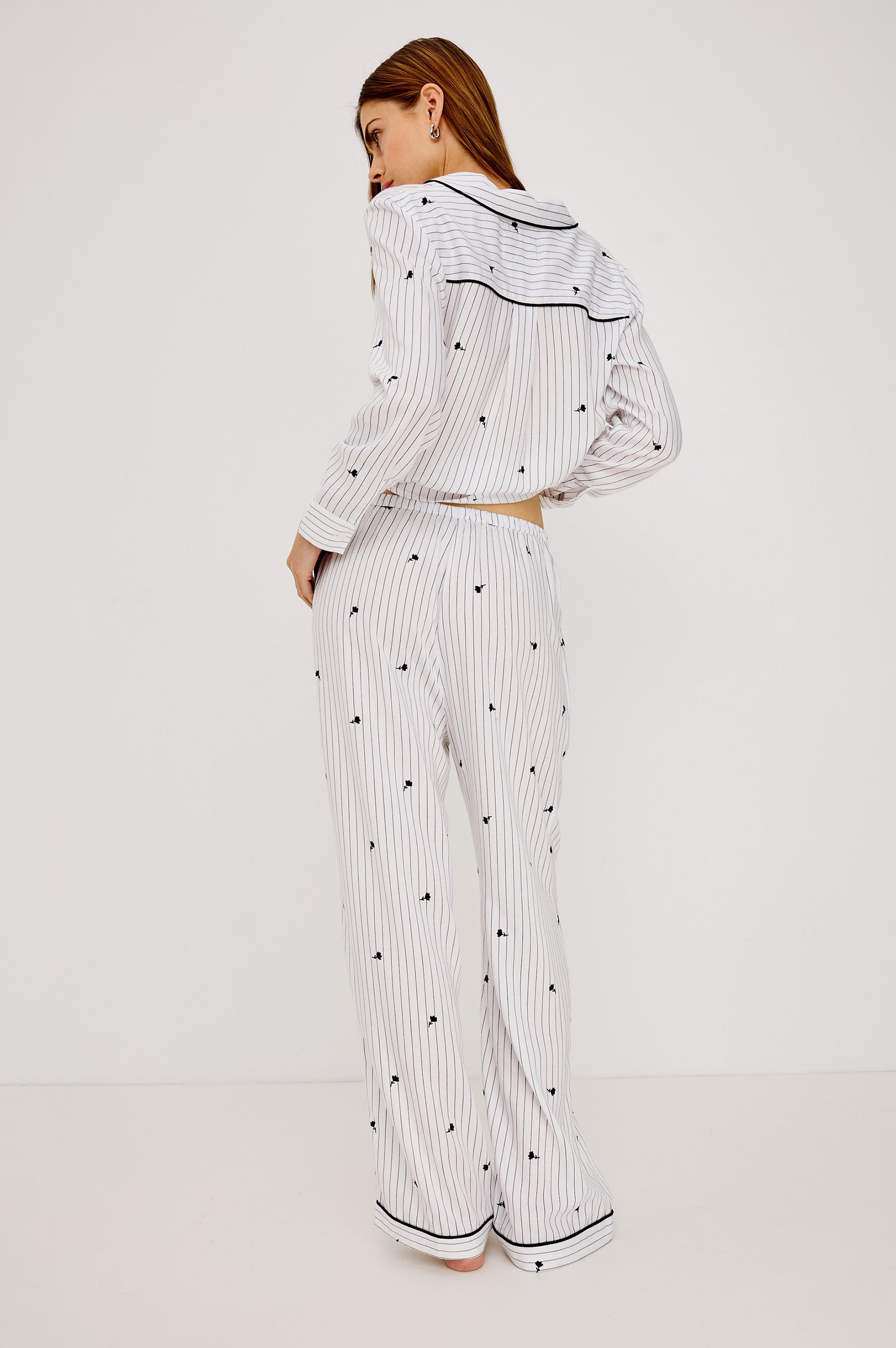 Luna Pajama Set in Signature Rayon With Button-Up Shirt, Matching Pants, and Relaxed Fit in Striped Onyx Floral Colorway - Full Body Back View Featured on Model