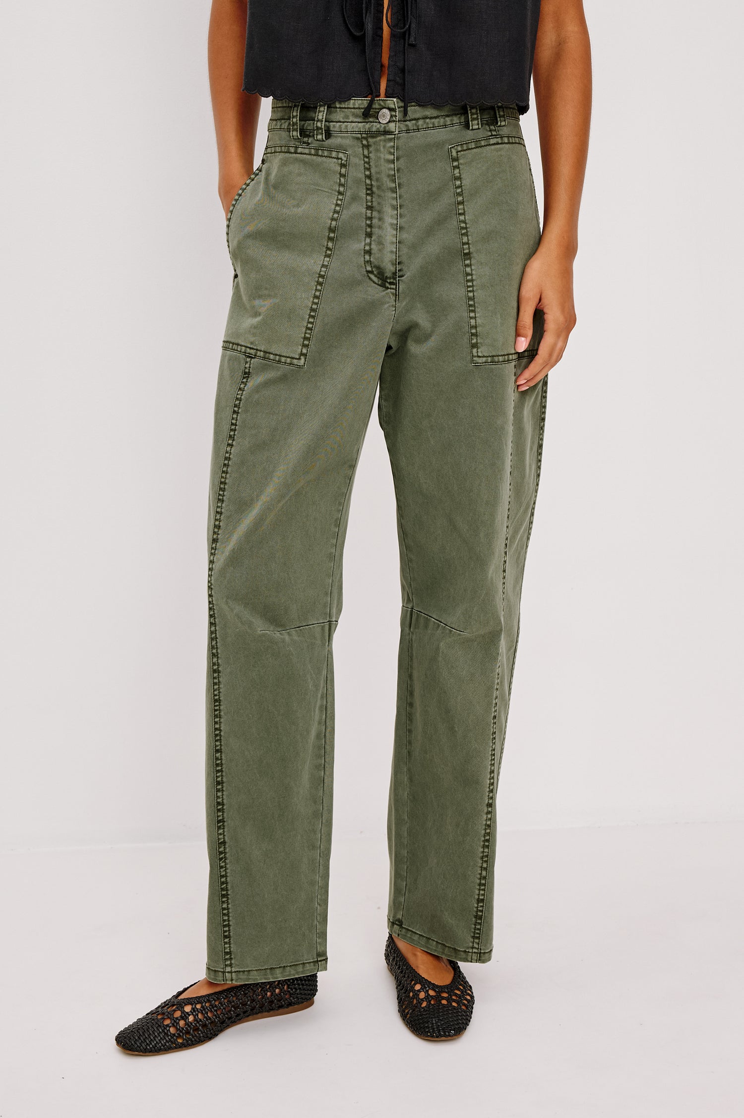 Lunar Military Pant in Stretch Twill With Mid-Rise Relaxed Fit Barrel Legs and Knee Seam Details in Military Olive Colorway - Lower Body Front View Featured on Model
