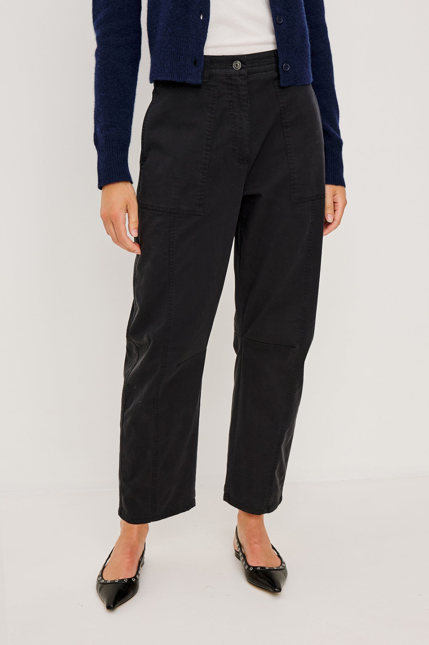 Lunar high-waisted pants in Washed Black, featuring a relaxed straight-leg fit and soft cotton finish - front crop view featured on model.