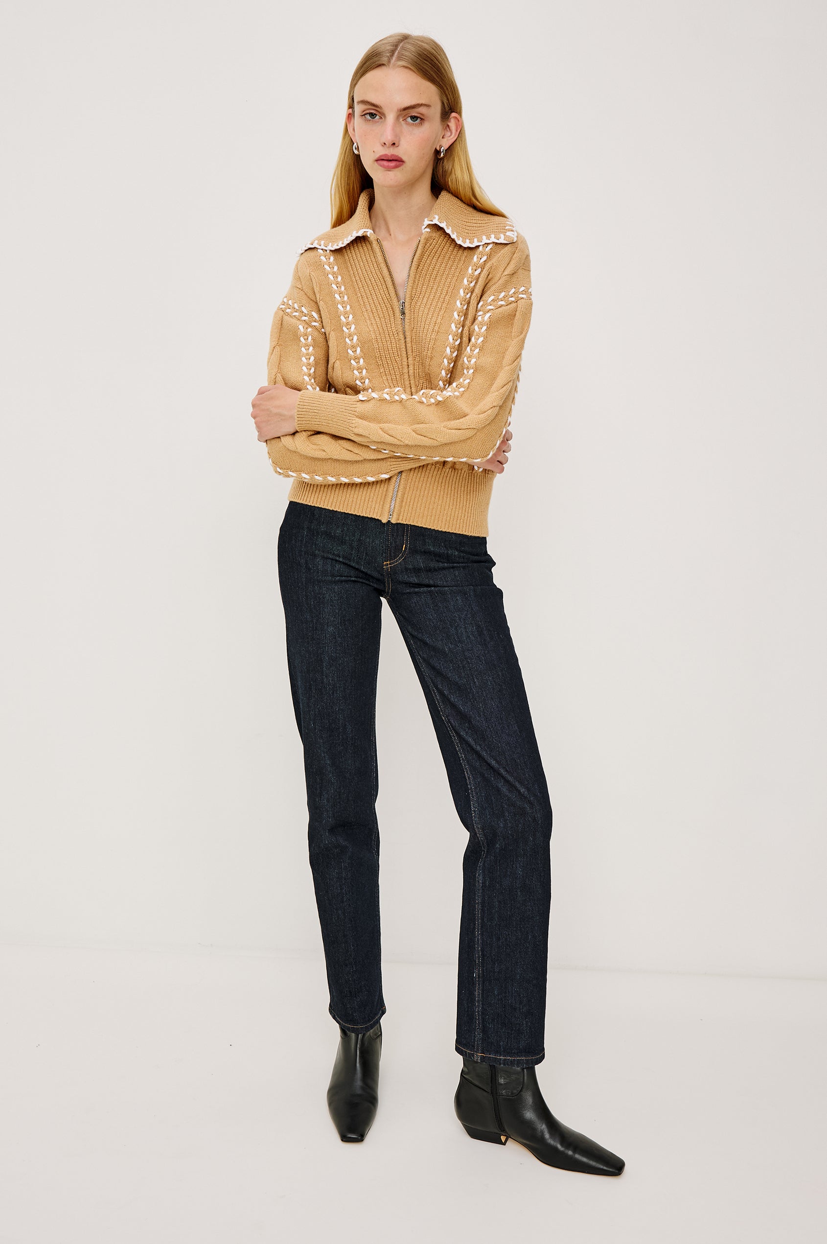 LUNE SWEATER - CAMEL IVORY BLANKET STITCH