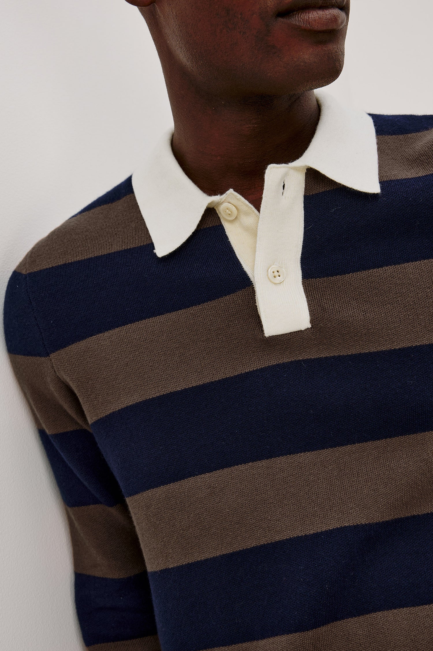 Luther Rugby Sweater in Cotton Knit With Contrast Polo Collar, Quarter-Button Placket, Relaxed Fit, and Long Sleeves in Navy Carob Stripe Colorway - Upper Body Front View Featured on Model