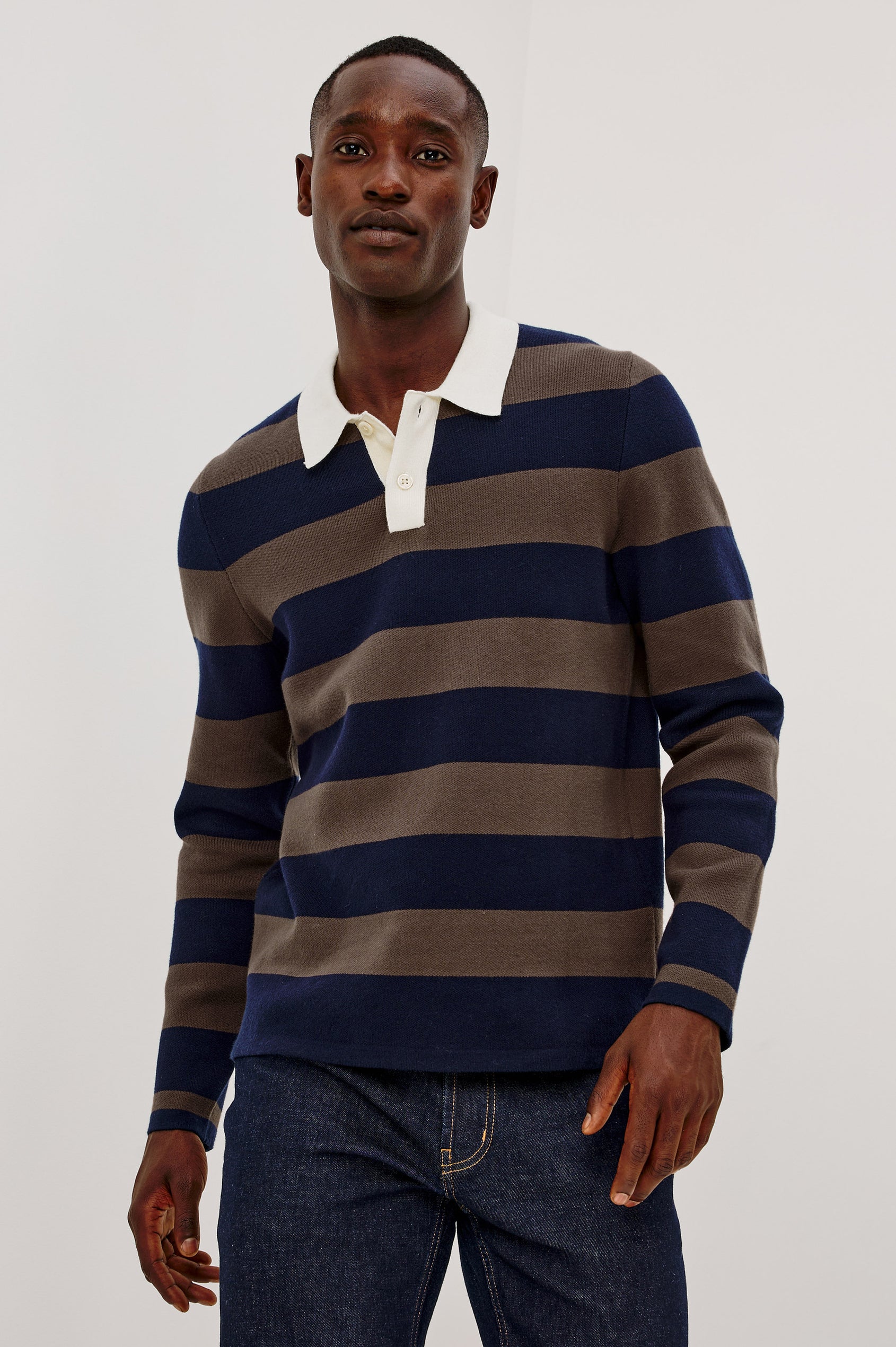 Luther Rugby Sweater in Cotton Knit With Contrast Polo Collar, Quarter-Button Placket, Relaxed Fit, and Long Sleeves in Navy Carob Stripe Colorway - Upper Body Front View Featured on Model