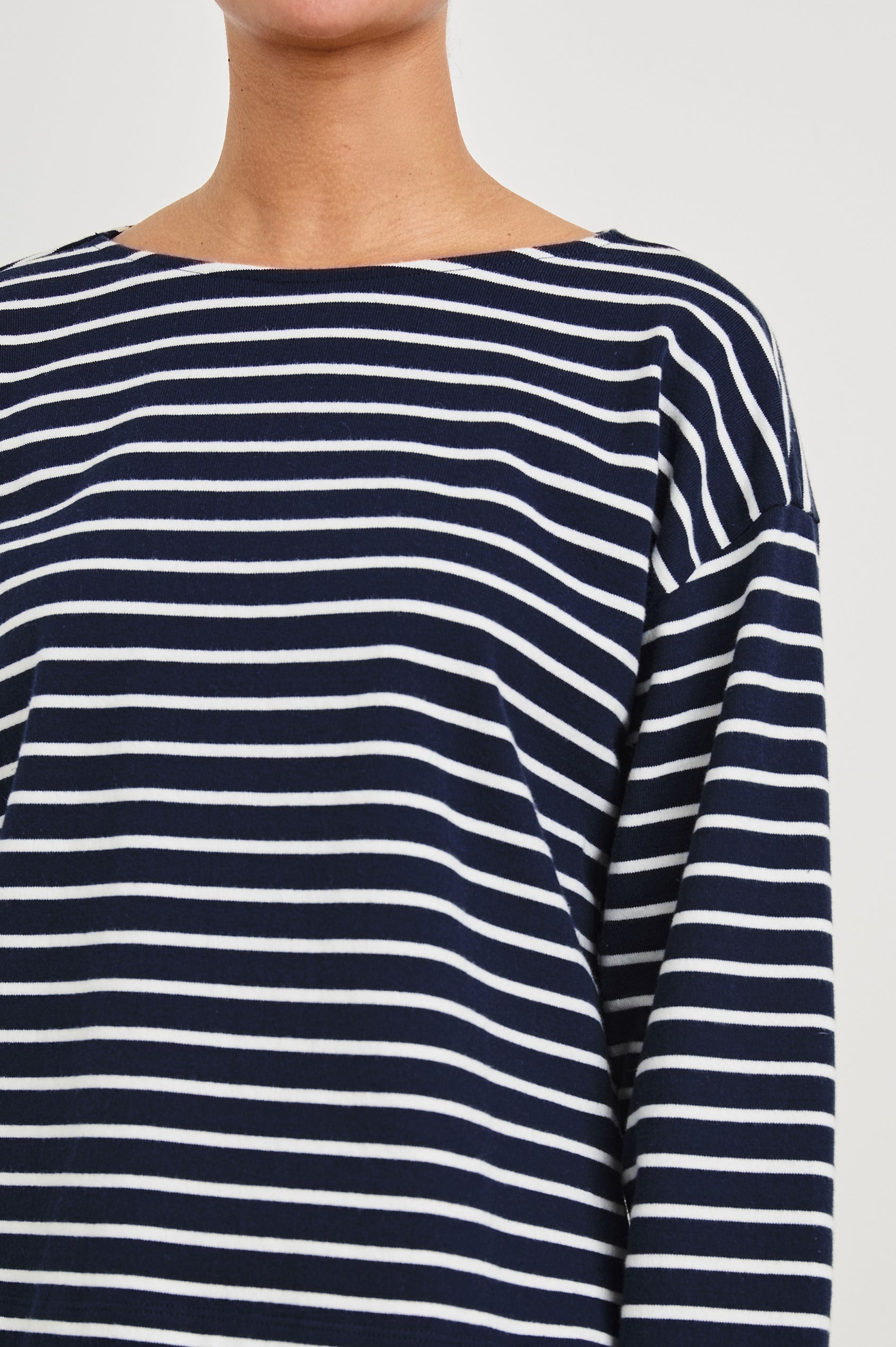 Macy long sleeve shirt with boat neckline and flared long sleeve in Nautical Stripe - close up of details on model