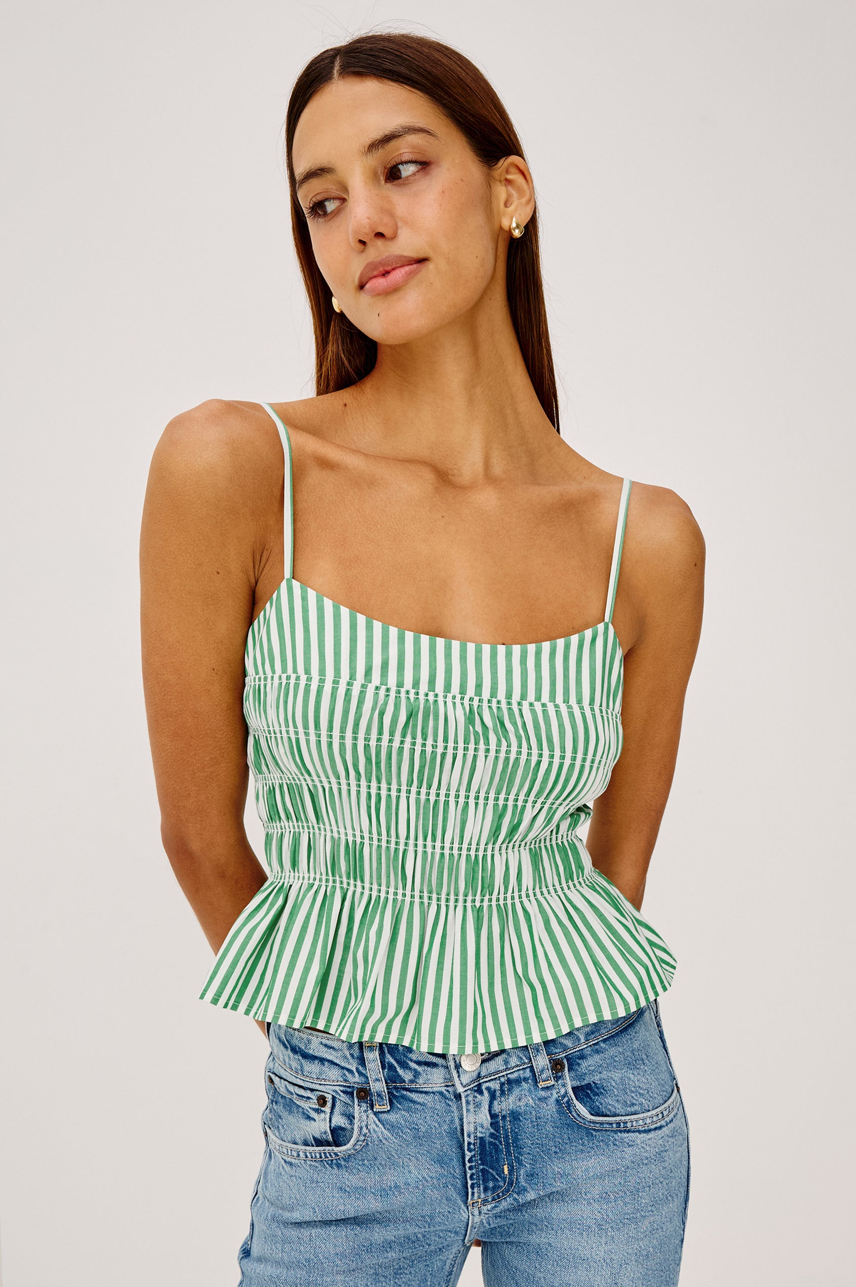 Makenna Crop Tank Top in Cotton Poplin With Smocking, Adjustable Spaghetti Straps, and Peplum Hem in Emerald Stripe Colorway -