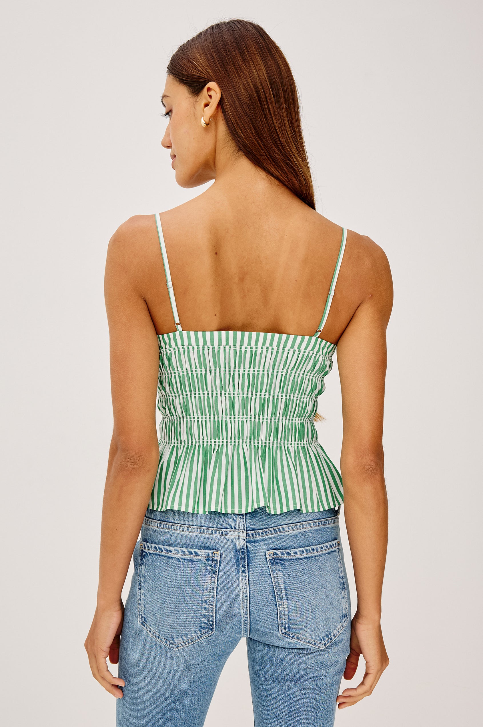 Makenna Crop Tank Top in Cotton Poplin With Smocking, Adjustable Spaghetti Straps, and Peplum Hem in Emerald Stripe Colorway - Upper Body Back View Featured on Model