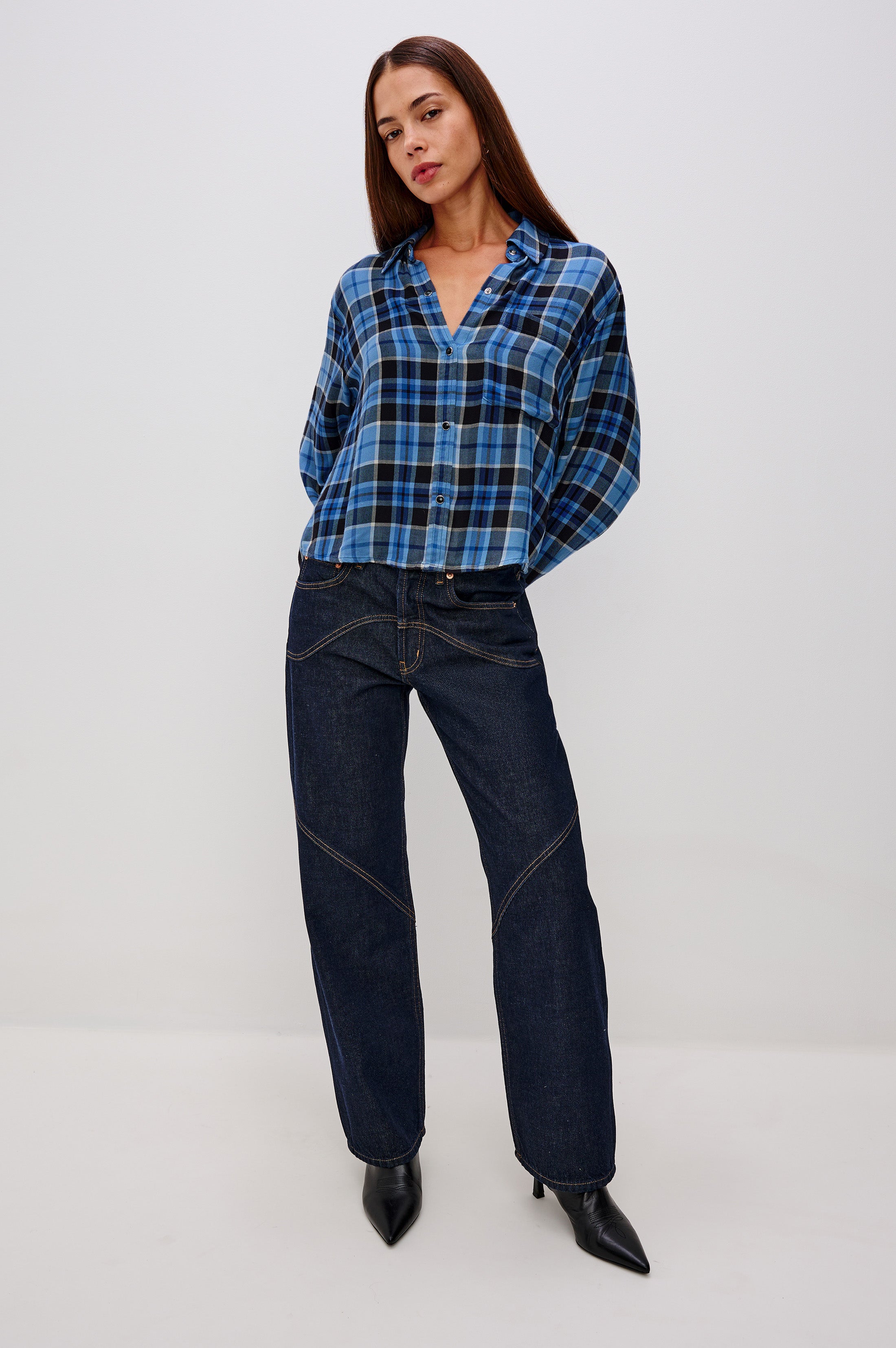 トップス BELVET Cropped checkered shirt Navy MALIN SHIRT - MIDNIGHT BLUE WHITE – Rails