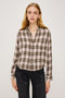 Malin Cropped Long-Sleeve Button Up with a Chest Patch Pocket in Midnight Blue White Colorway, plaid - Front View Featured on Model
