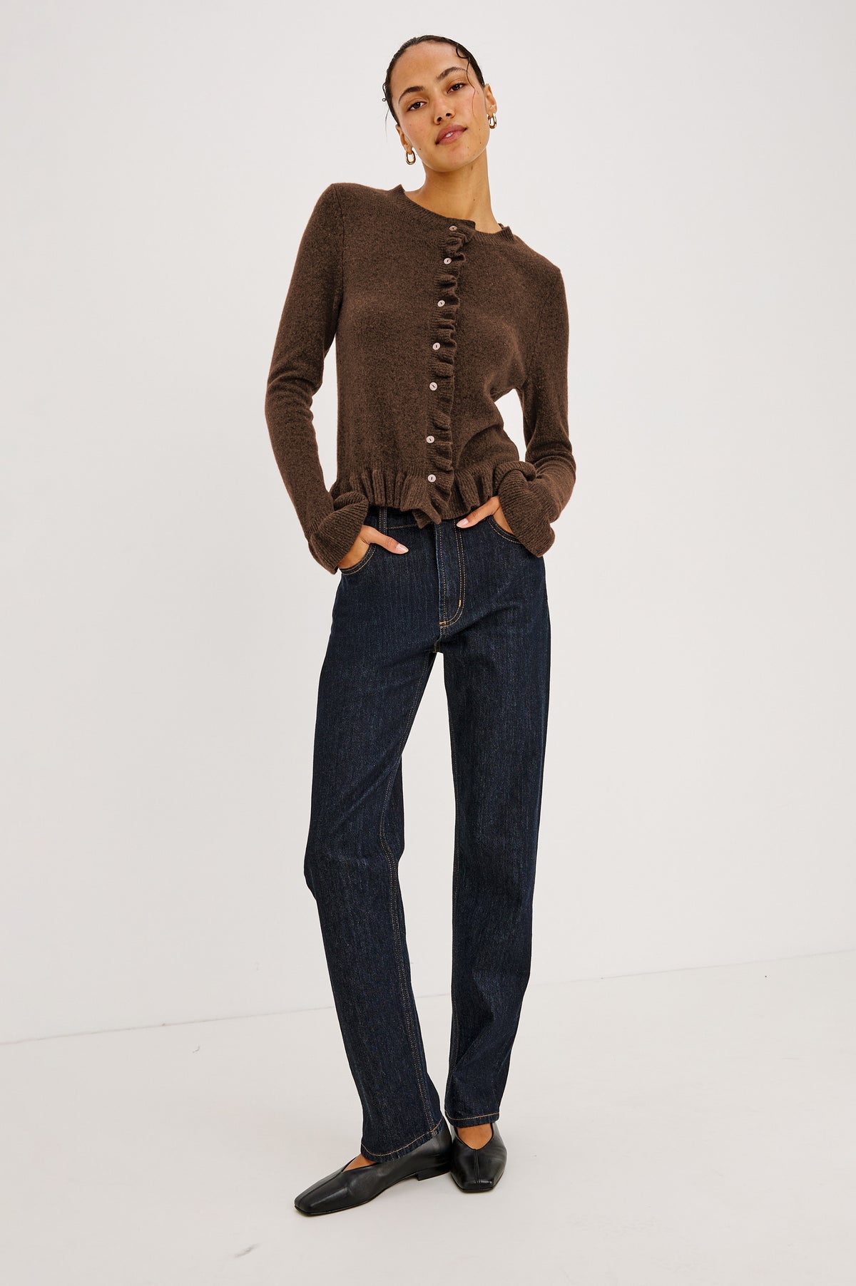 Mandy Sweater in Cashmere-Cotton-Wool Blend Knit Front Buttons, Long Sleeves, Classic Slightly Cropped Fit, and Ribbed Ruffle Trim in Heather Latte Colorway - Front Full Body View Featured on Model.