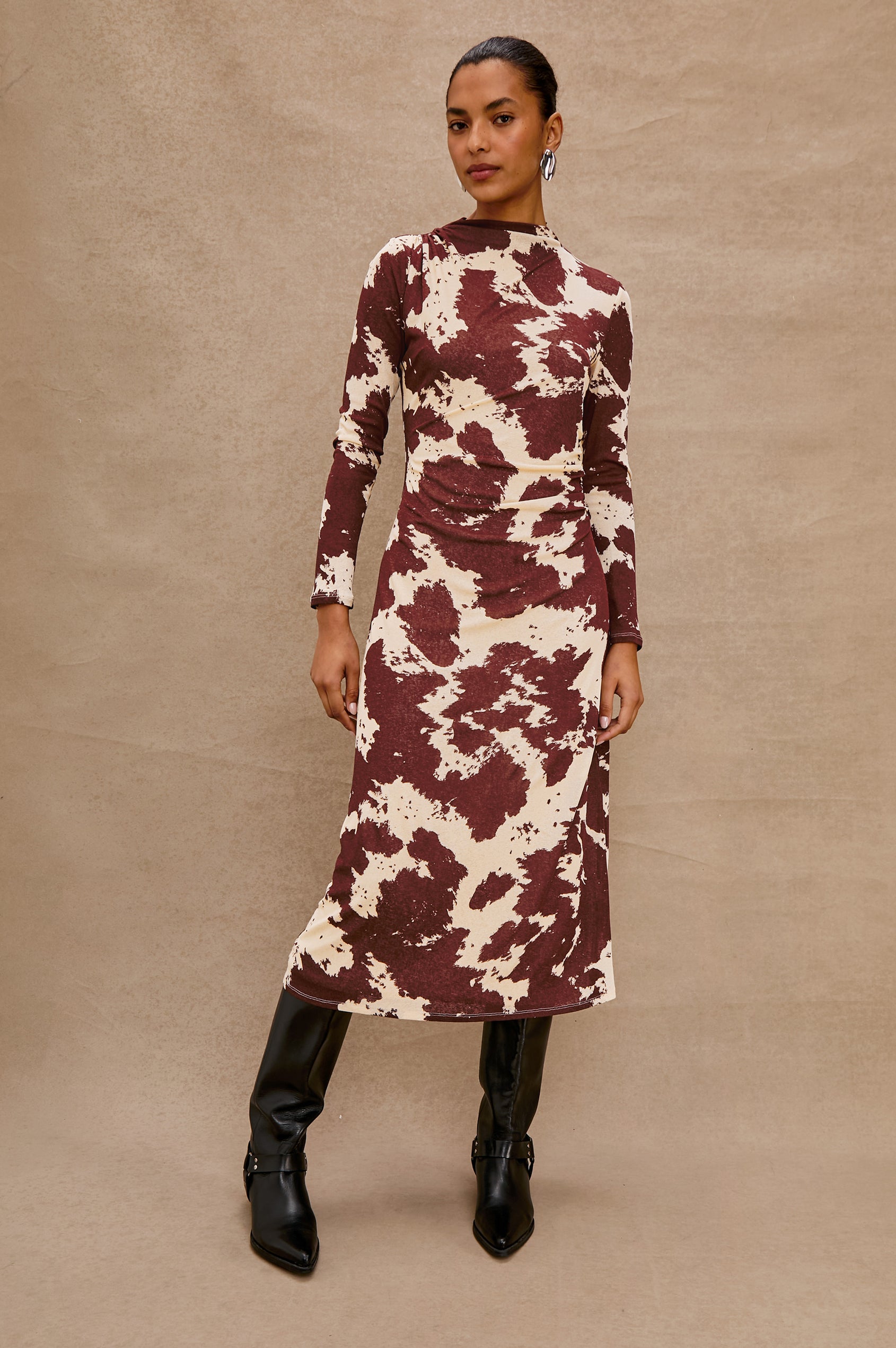 Margaret Long-Sleeve Midi Dress with a Mock Neck and Shirring along the Left Side in Cowgirl Colorway - Stylized Full Body Front View Featured on Model