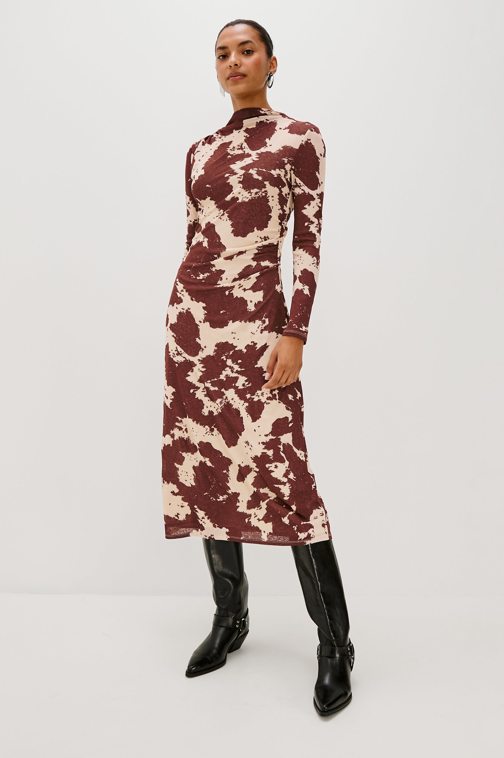 Margaret Long-Sleeve Midi Dress with a Mock Neck and Shirring along the Left Side in Cowgirl Colorway - Full Body Front View Featured on Model