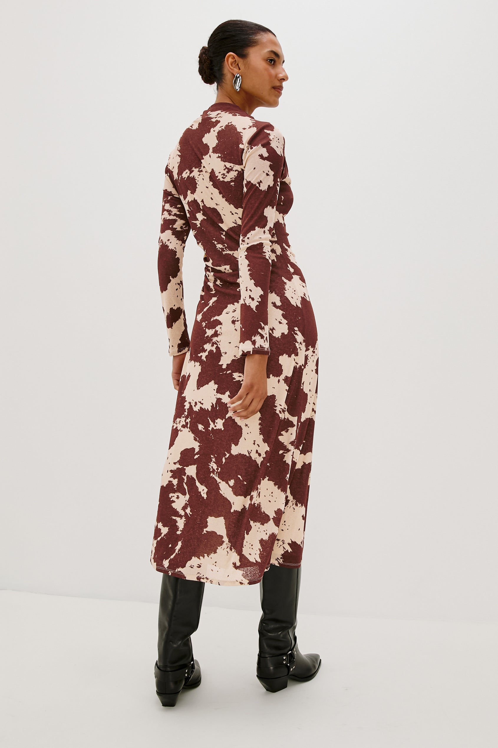 Margaret Long-Sleeve Midi Dress with a Mock Neck and Shirring along the Left Side in Cowgirl Colorway - Full Body Back View Featured on Model