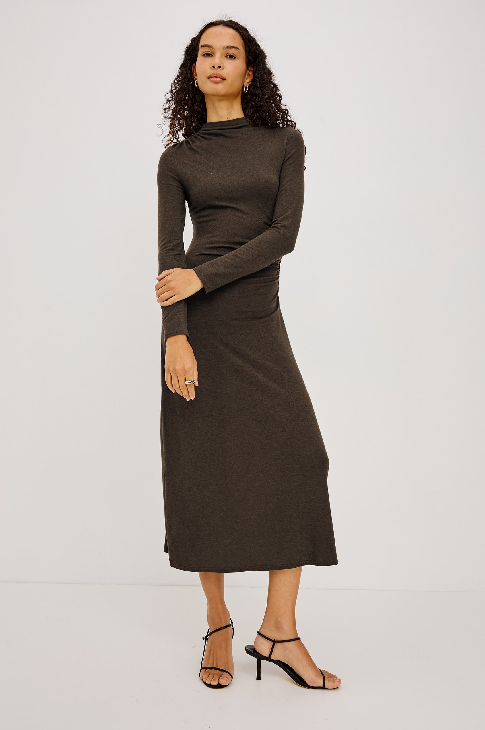 Margaret Midi Dress in Brushed Tissue Jersey With Mock Neck, Long Sleeves, Ruched Sides, and Fitted Silhouette in Heather Olive Colorway - Full Body Front View Featured on Model