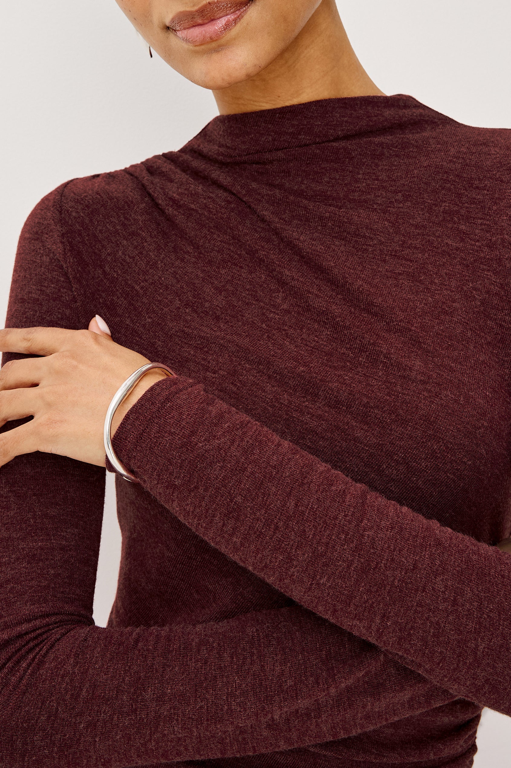 Margaret Midi Dress in Brushed Tissue Jersey With Mock Neck, Long Sleeves, Ruched Sides, and Fitted Silhouette in Merlot Colorway - Upper Body Front View Featured on Model