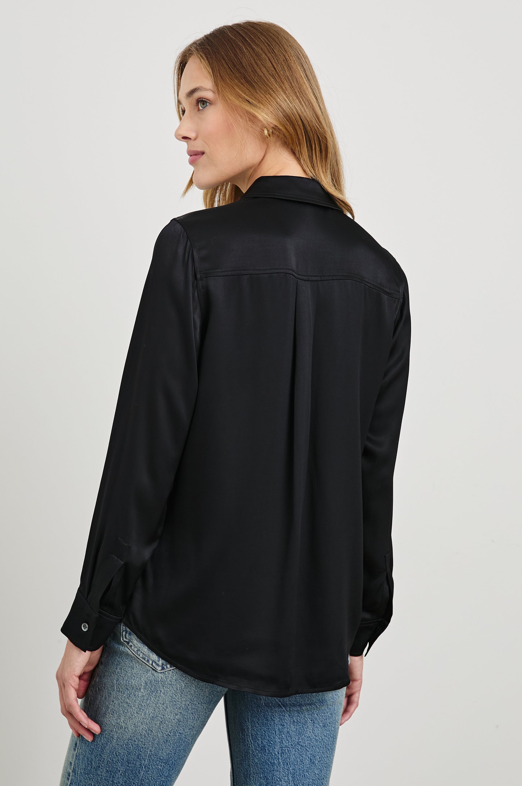 Maria Long-Sleeve Button Up in Black Colorway - Back View Featured on Model