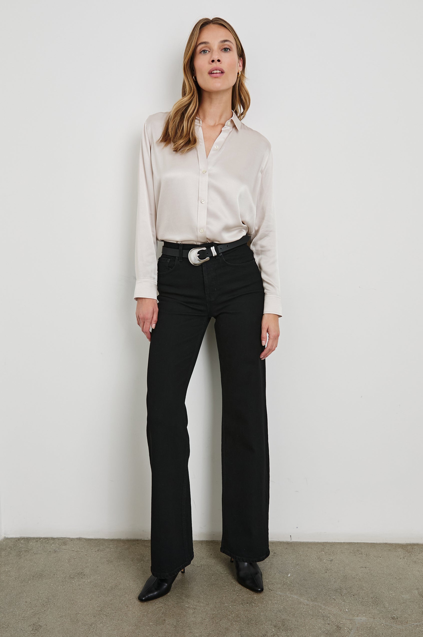 Maria Long-Sleeve Button Up in Ivory Colorway - Front Tucked Full Body View Featured on Model