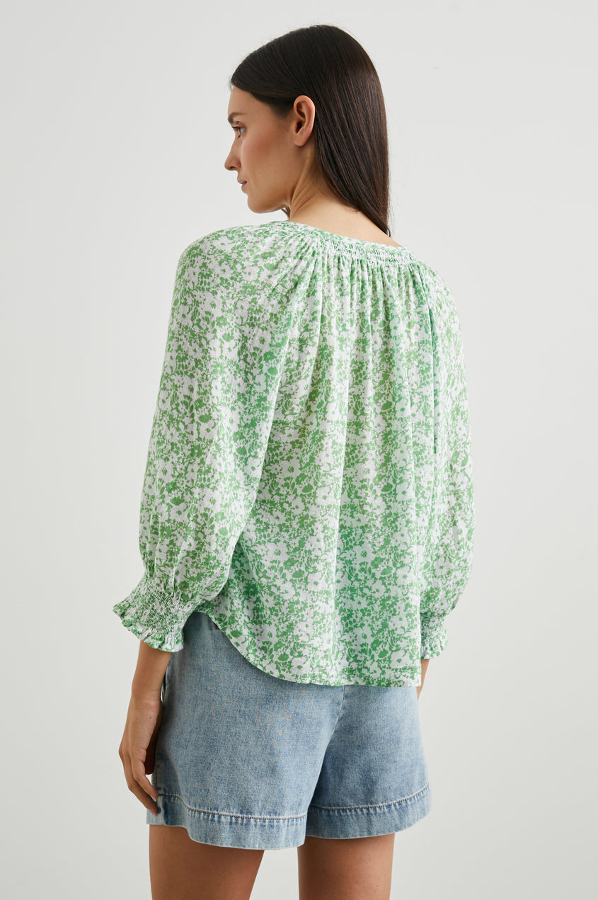 Maila Top In Emerald with Green and Blue Floral
