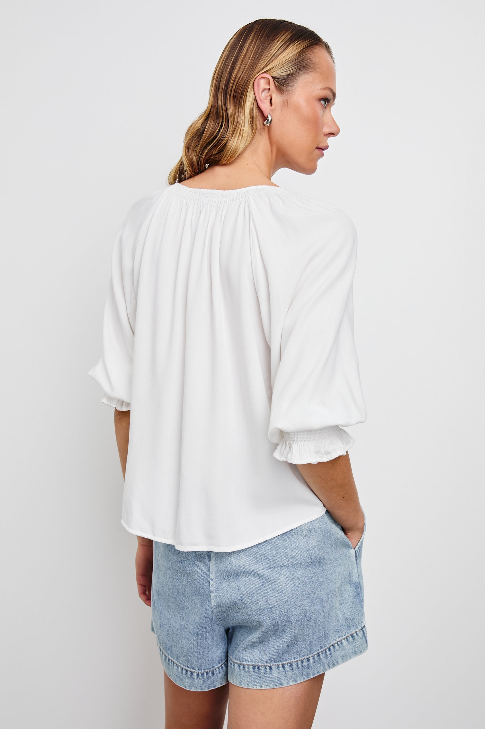 Mariah Buttondown Shirt With Mid Length Sleeves in Pearl Colorway - Back View Featured on Model