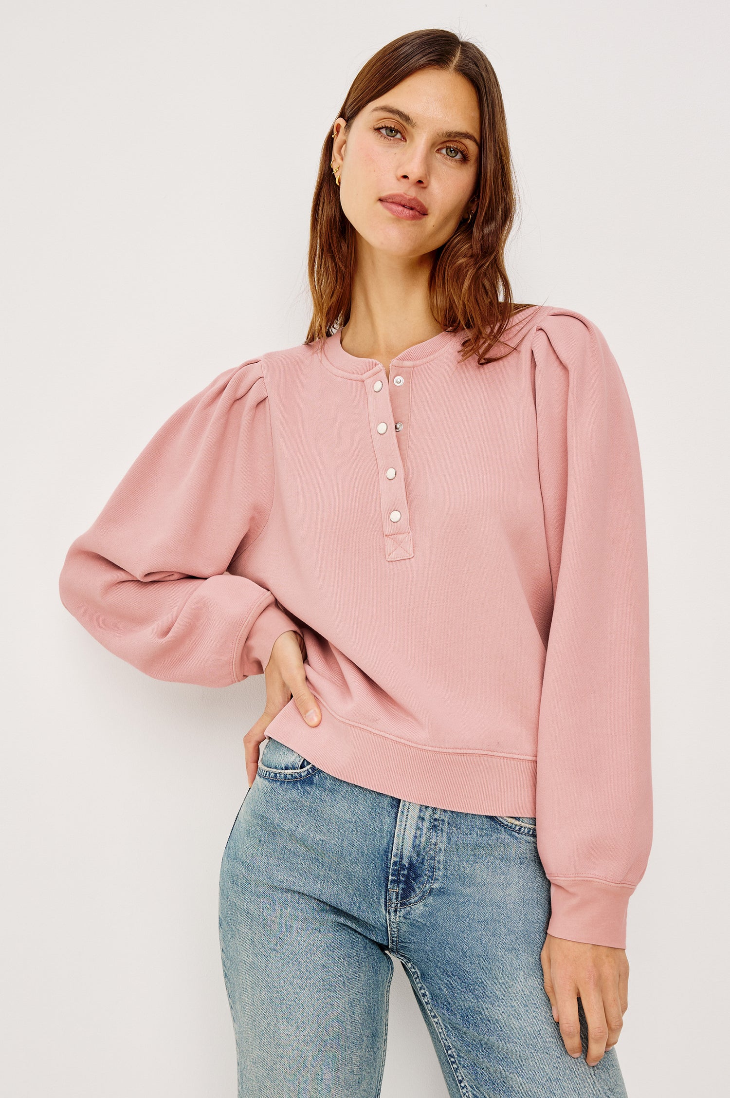 Mariana Sweatshirt in Terry WIth Front Snap Button Placket, Pleated Shoulders, Long Sleeves, and Ribbed Trim in Ballet Colorway - Upper Body Front View Featured on Model