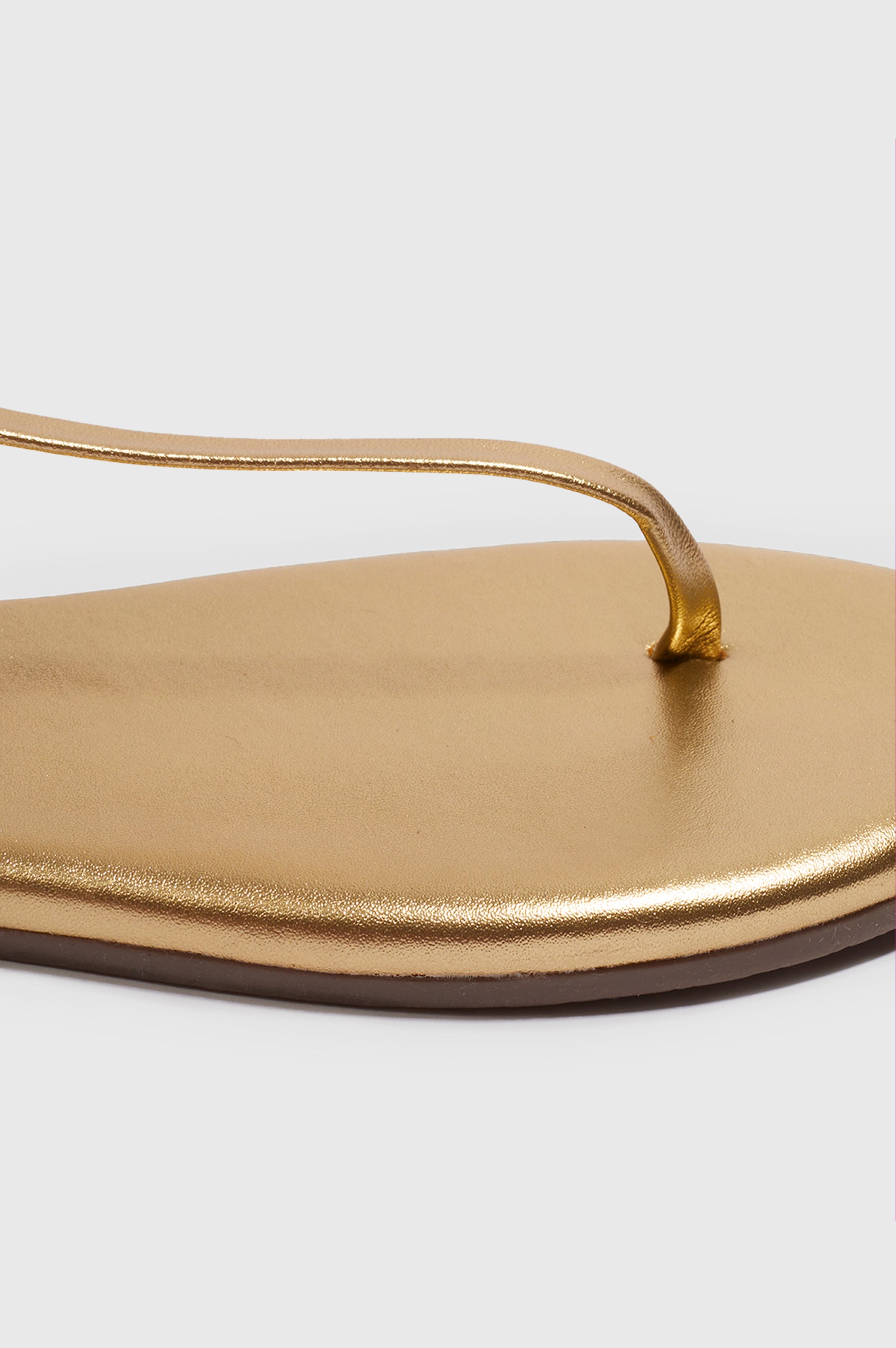 Mariana leather t-strap sandal with ankle strap and buckle in metallic Blink -  close up of toe details