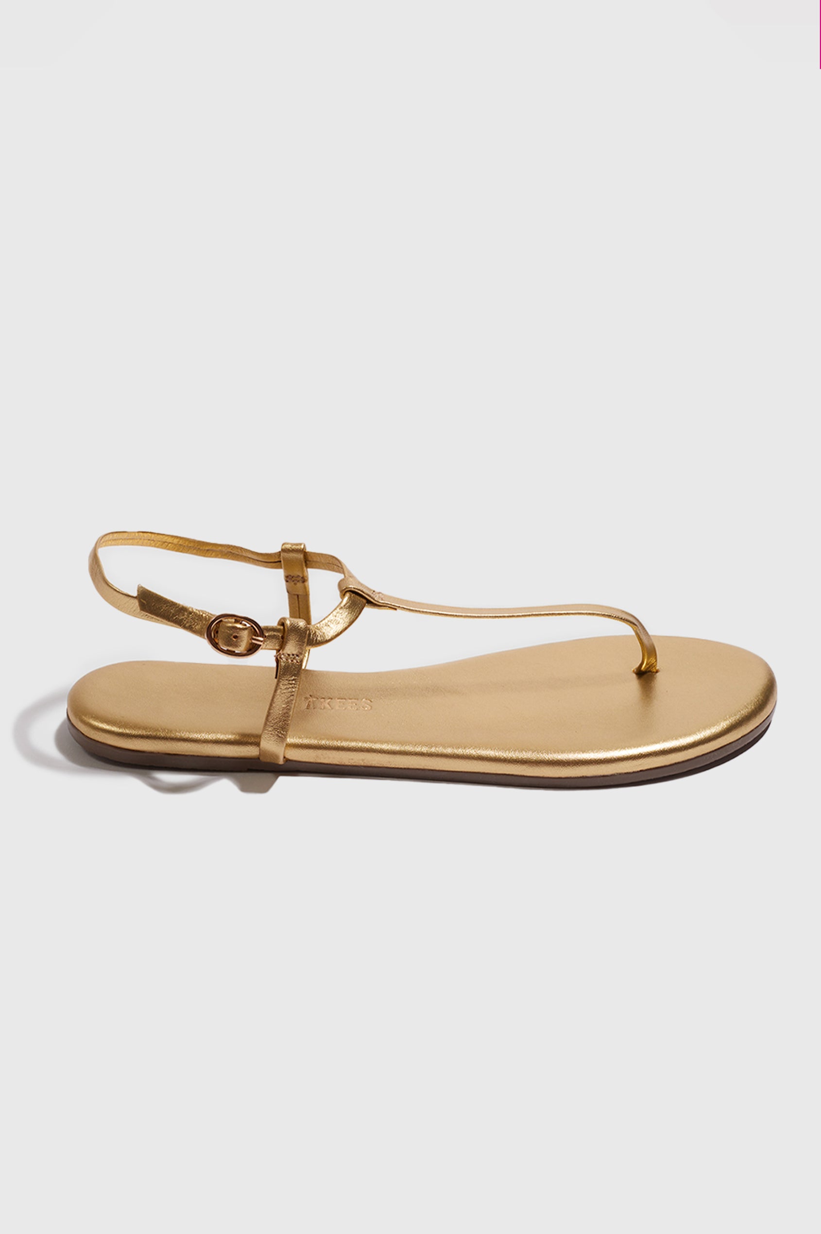 Mariana leather t-strap sandal with ankle strap and buckle in metallic Blink -  side view of single shoe
